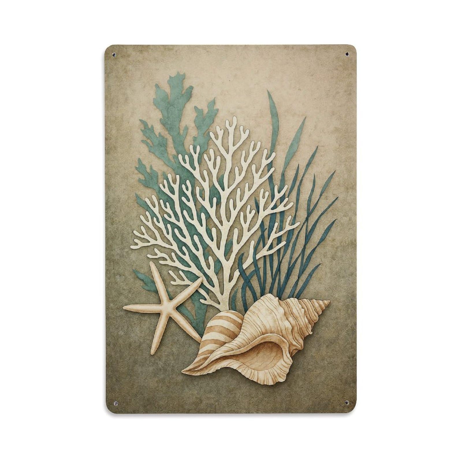 Jdfenggu Vintage Seashell Coral Starfish Seaweed Sand Retro Metal Tin Sign, Decor Art Poster For Bar, Home, Man Cave, Kitchen, Laundry Room Gift 8X12inch