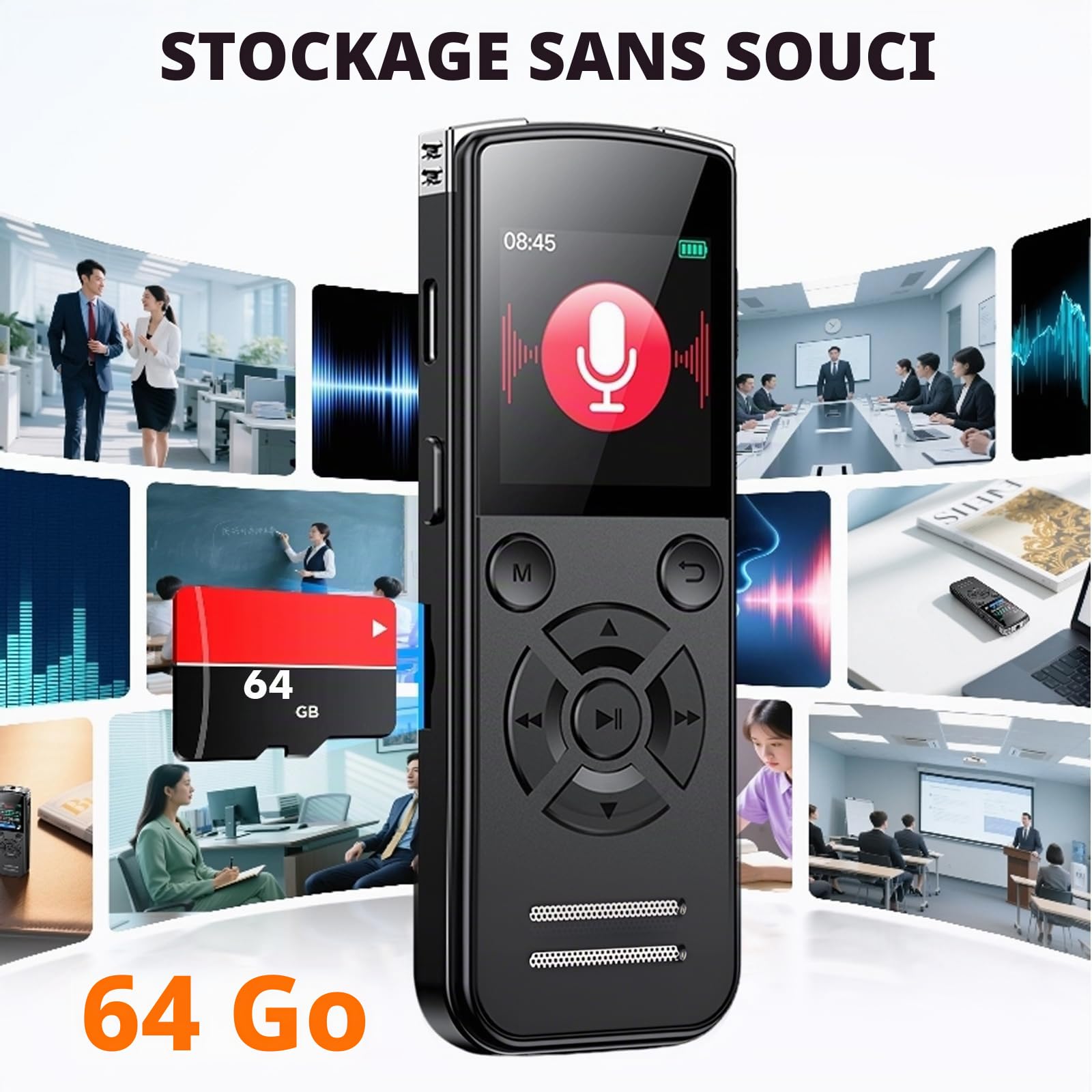 Dictaphone Enregistreur Vocal 64 Go, Mini Enregistreur Audio Numérique 1536 Kbps avec Écran TFT, Enregistreur de Voix USB-C Rechargeable pour Réunions, Cours et Interviews