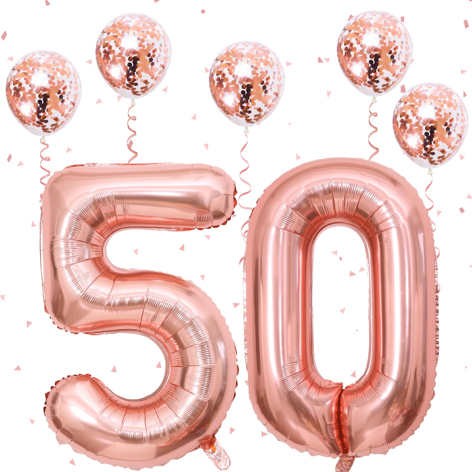 50th Birthday Number Balloons for Women, Big 50 Number Balloons Foil with Confetti Balloons, Rose Gold 40 Inch Self Inflating 5 &amp; 0 Balloons for Girls Birthday Party Anniversary Decorations Supplies