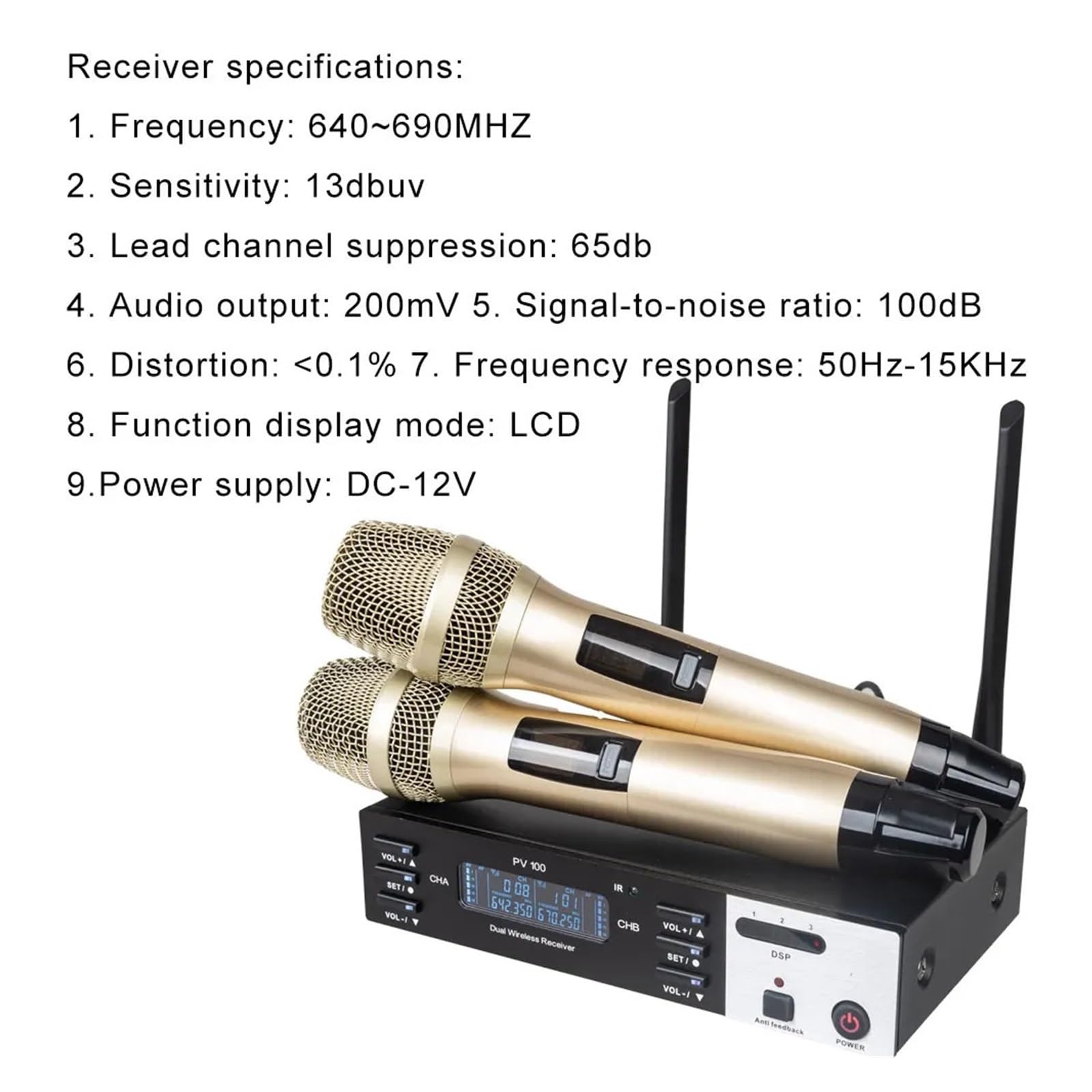 2-kanałowy Profesjonalny Mikrofon Bezprzewodowy UHF Home KTV Występ Na Scenie Ręczny 640~690 MHz Czysty OdbióR DźWięKu(Gold)