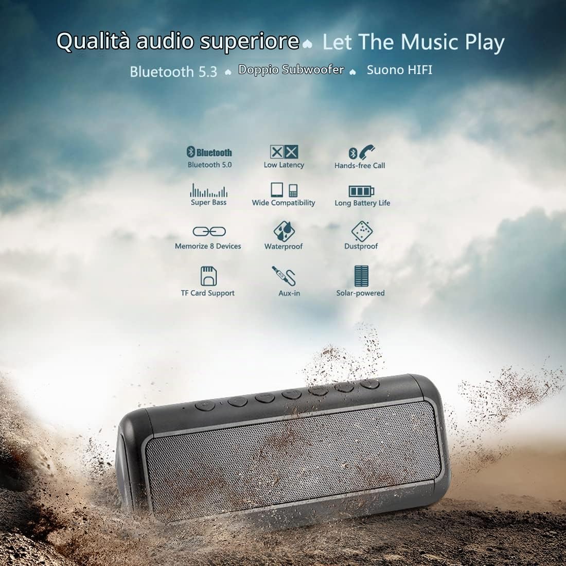 Altoparlante Bluetooth solare da 12 W, altoparlante wireless portatile impermeabile IPX5 in grado di riprodurre più di 50 ore, batteria integrata da 5000 mAh, per attività indoor e outdoor - nero