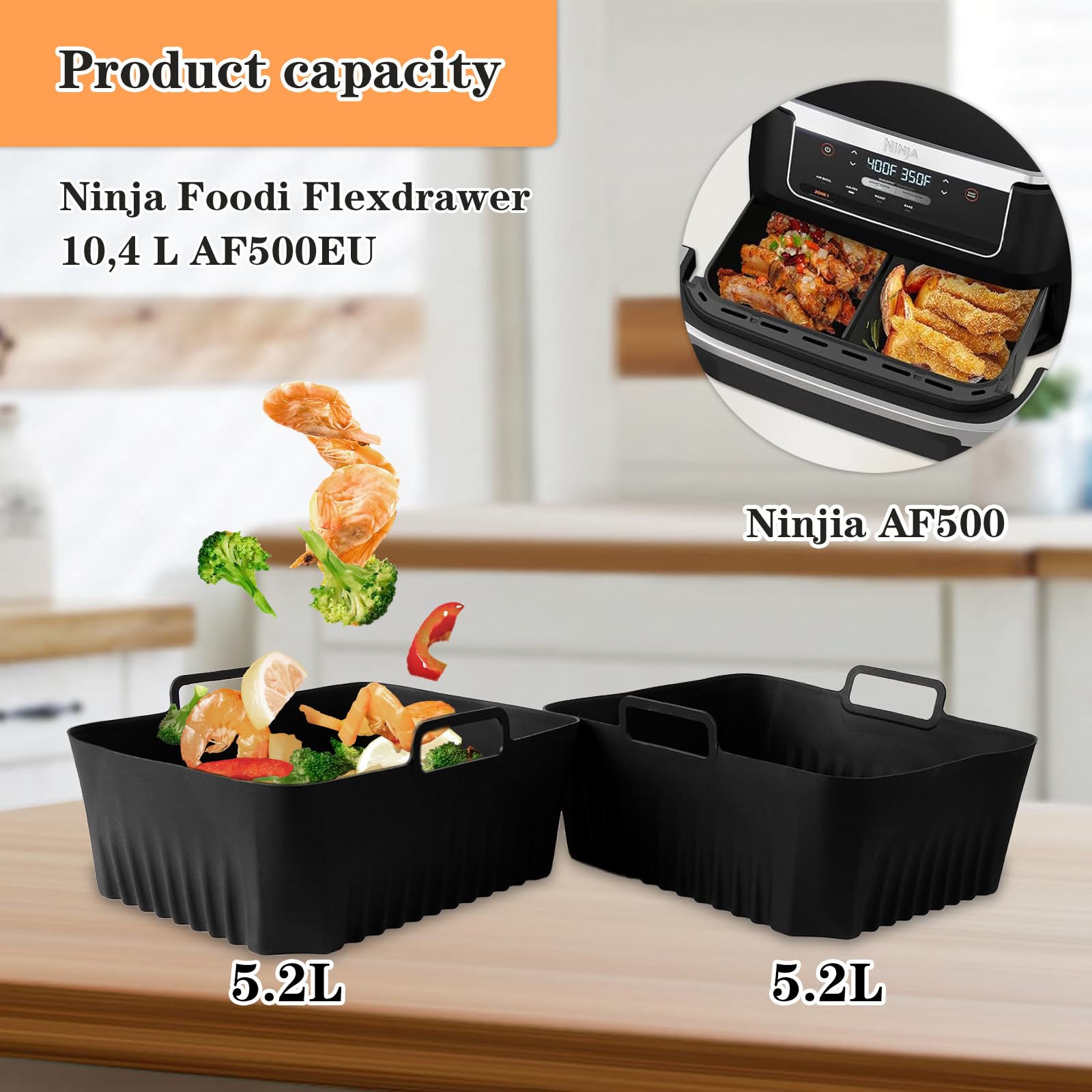 Accessori Friggitrice ad Aria Silicone 3 Pezzi Rettangolare Teglie Cestino Ninja AF500EU AF500DE Contenitori Riutilizzabili (1*10,4L + 2*5,2L