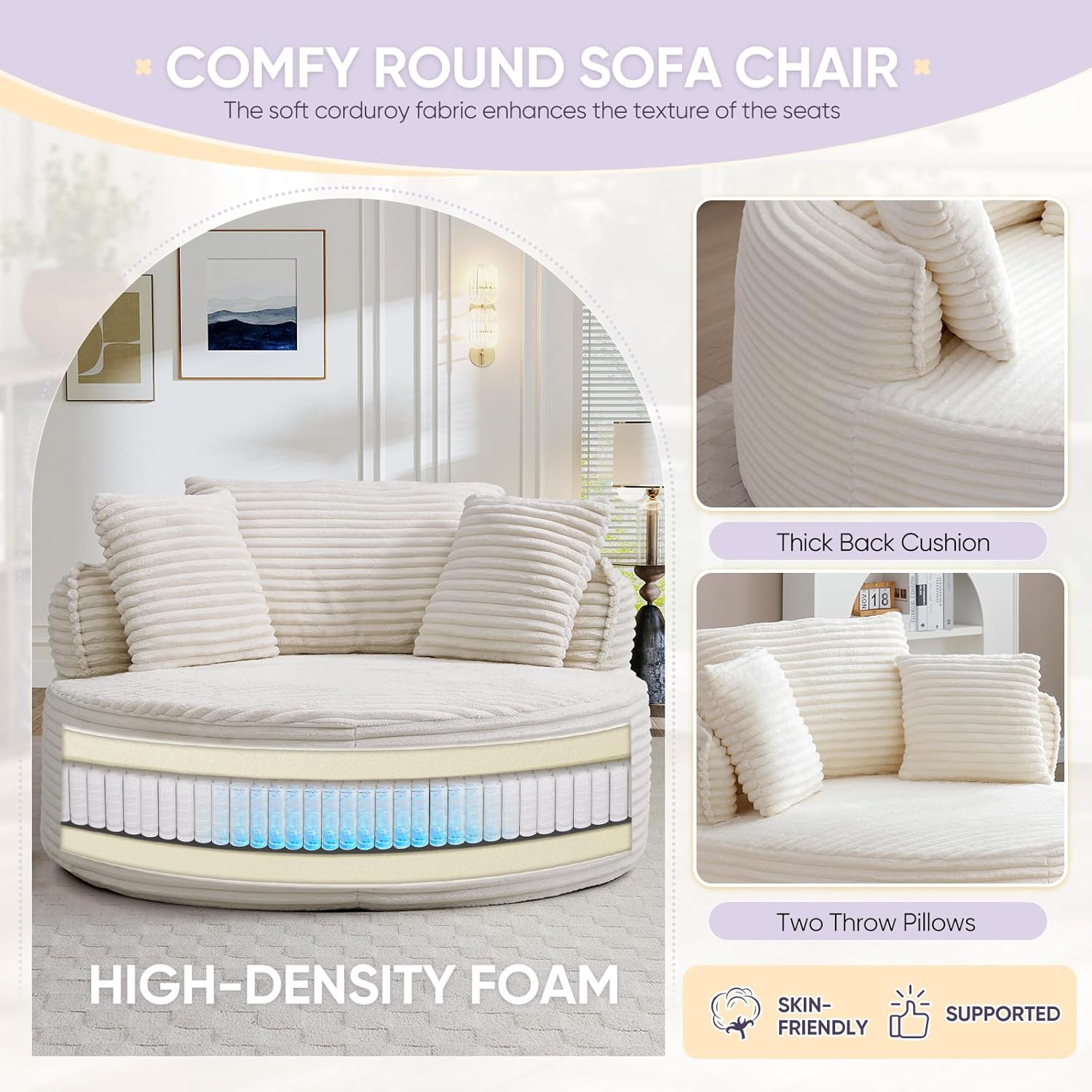Antetek 53.5-inch Round Chair, Modern Accent Corduroy Comfy Deep Seat Boneless Foam Floor Single Circle Chaise Sofa Chair with 3 Pillows for Living Room Bedroom Office, No Assembly Required, Beige