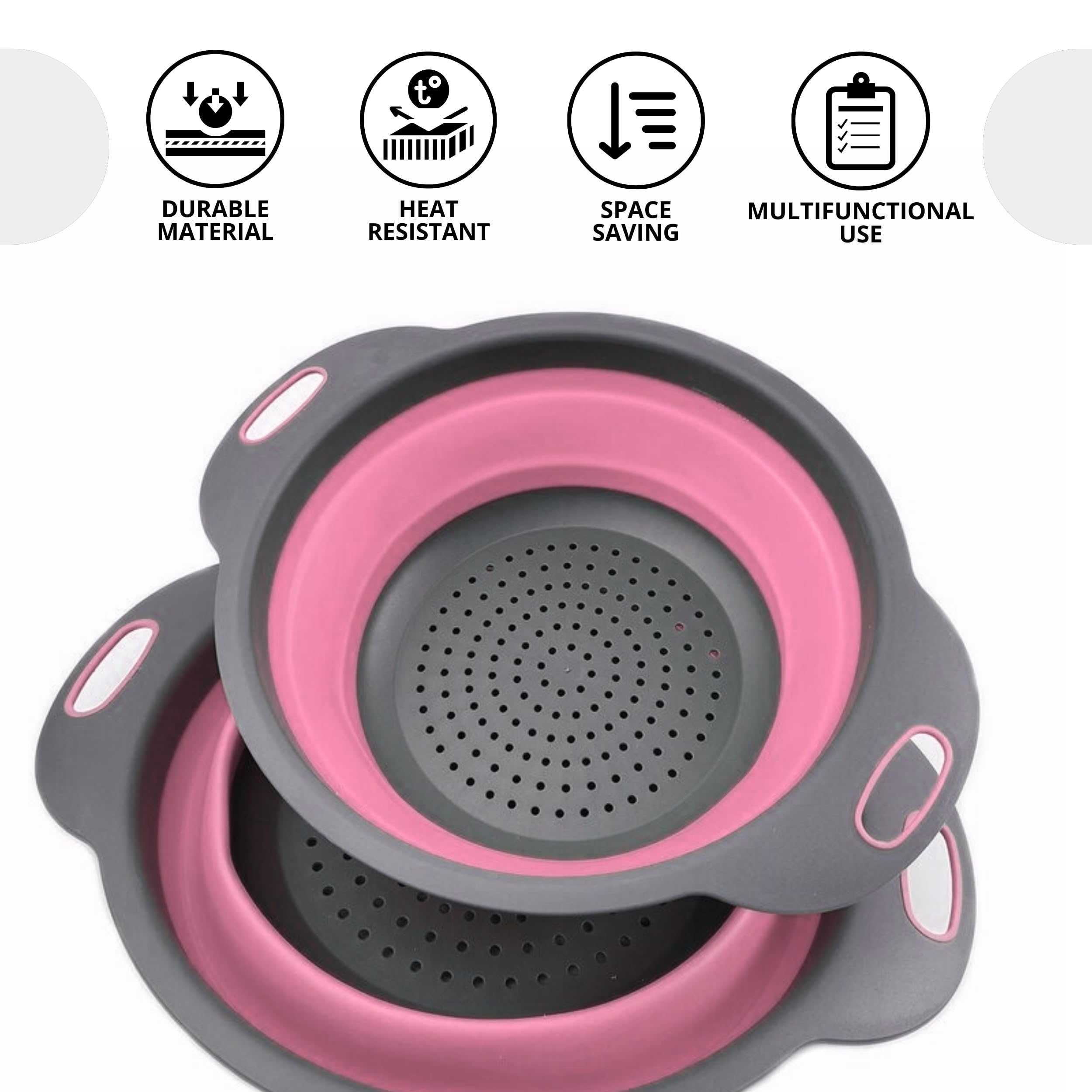 Colador redondo de silicona plegable – Colador de cocina plegable pequeño colador plegable rosa con asas de plástico para drenar verduras y frutas, colador de cocina redondo de silicona para pasta 4