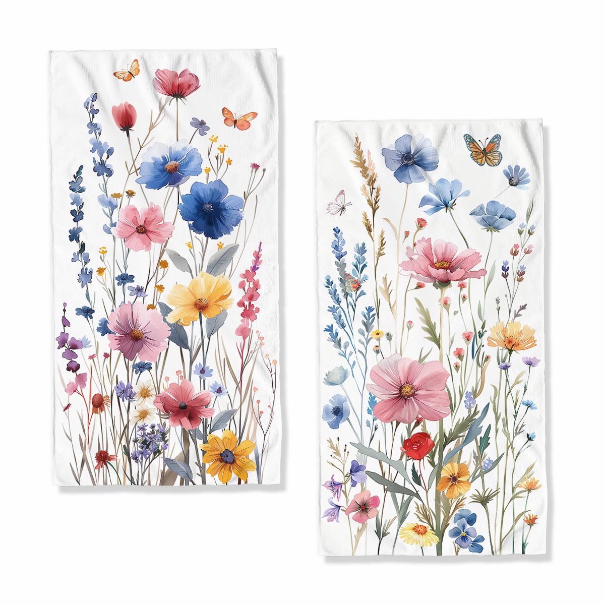 Watercolor Wildflower Hand Towels - Absorbent Color Floral Butterfly Bath Towels for Home, Hotel, Spa, Gym, Yoga, Nautical, Beach - Set of 2 - 14"x28"