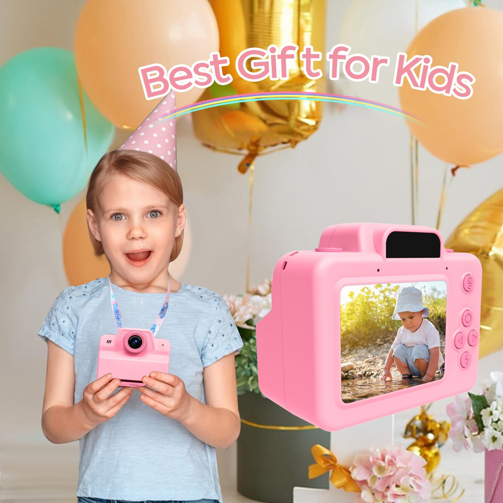 Fotocamera istantanea per bambini, con scheda SD e carta da stampa, 1080P, fotocamera digitale per bambini, regalo di compleanno di Natale, per ragazzi e ragazze, 3-12 anni (rosa)