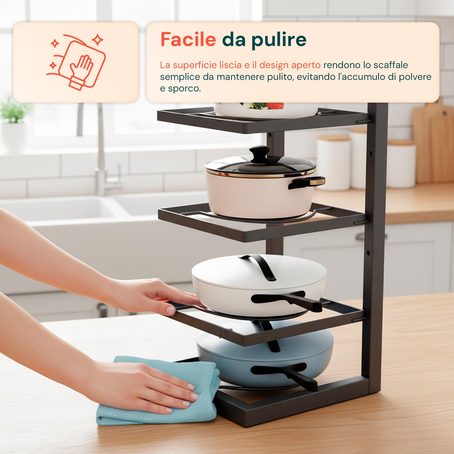 Avilia – Scaffale Metallo 4 Ripiani Regolabili – Organizer Multiuso Cucina - Pentole, Padelle e Piatti - Alzatina Salvaspazio per Dispensa e Piano di Lavoro, 5kg Capacità