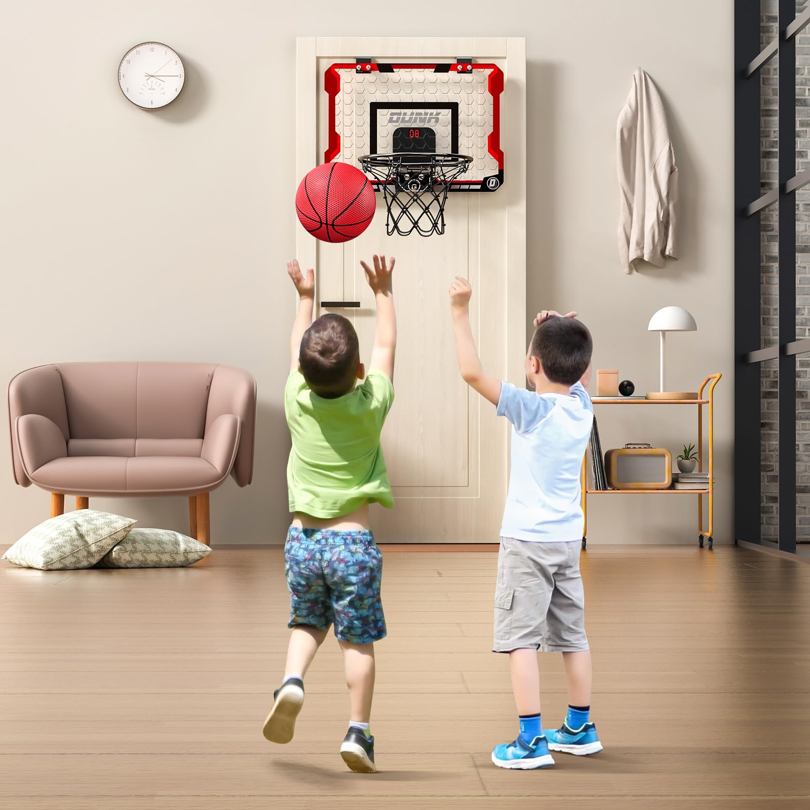 TEMI Panier de basket-ball d'intérieur avec 4 balles, panier de basket-ball pour enfants et adultes, jouets de basket-ball pour garçons et filles, âge 3, 4, 5, 6, 7, 8, 9, 10, 11, 12