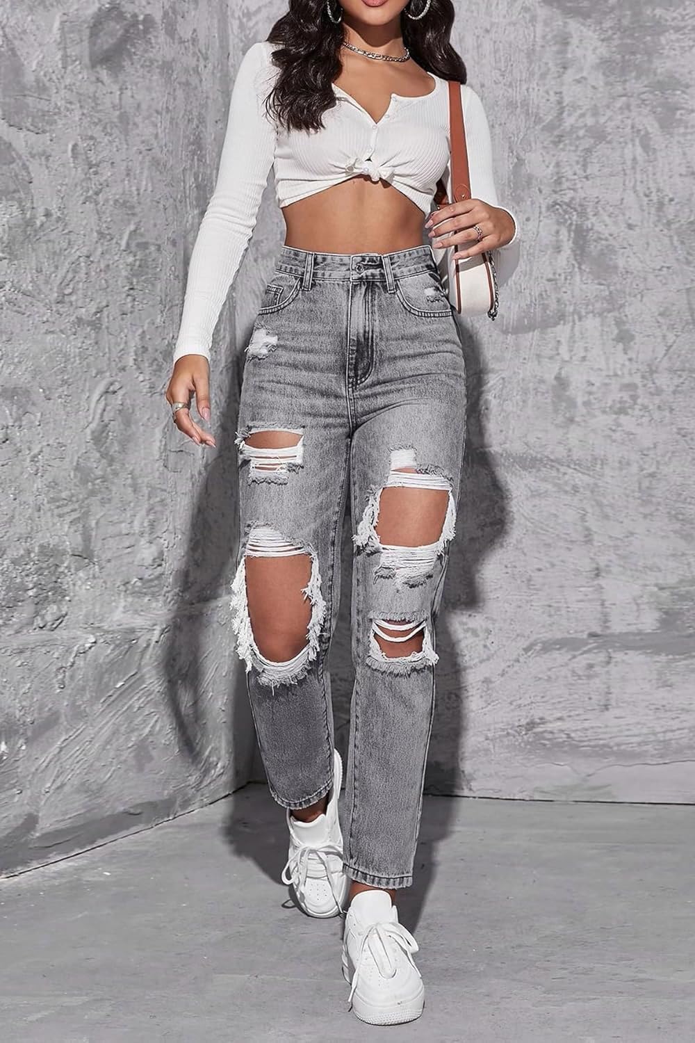 Women's High Waist Straight Leg Ripped Jeans Distressed Denim Pants - Image 5