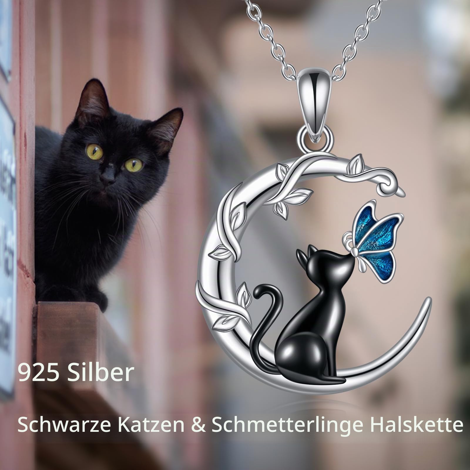 VONALA Katze Halskette für Frauen 925 Sterling Silber Schwarze Katze Halskette Blau Schmetterling Katze Schmuck Geschenke Geburtstag Geschenke für Frauen Katze Liebhaber Frau