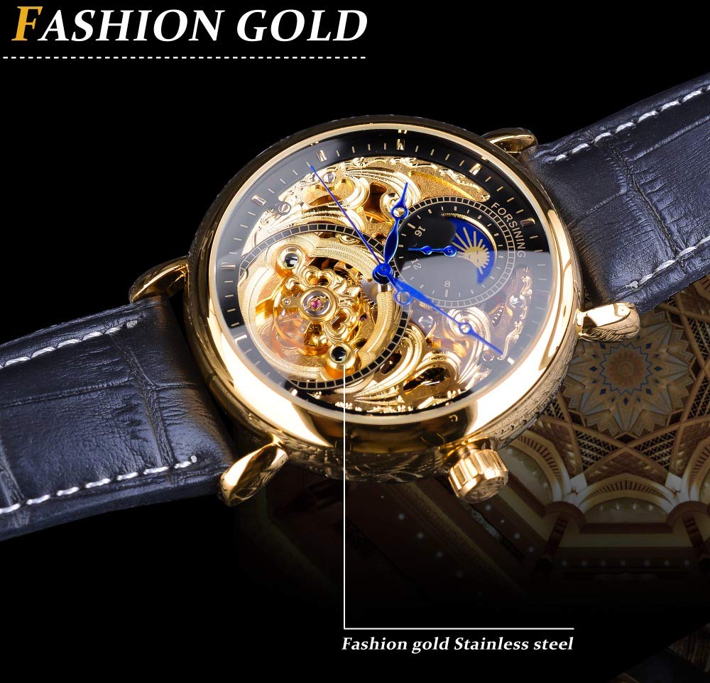 FORSINING Herren Analog Automatik Uhr Vintage AM/PM Sonne Mond Skeleton mit Kalbsleder aus Leder Armband
