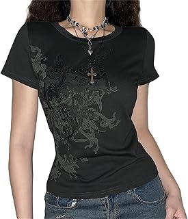 Eghunooye Women Vintage Y2K Grunge T Shirt Short Sleeve Rock Graphic Print Crop Top Slim Fairy Aesthetic Clothes Streetwear