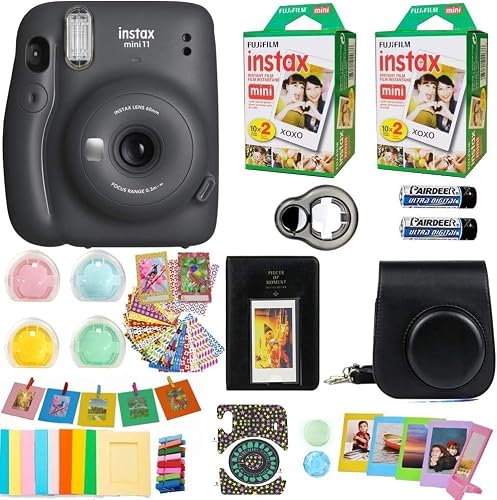 Fujifilm Instax Mini 11 Camera + Fuji Instant Instax Film (40 Sheets) & Includes Case + Assorted Frames + Photo Album + 4 Color Filters and More Bundle (Black) - BLACK