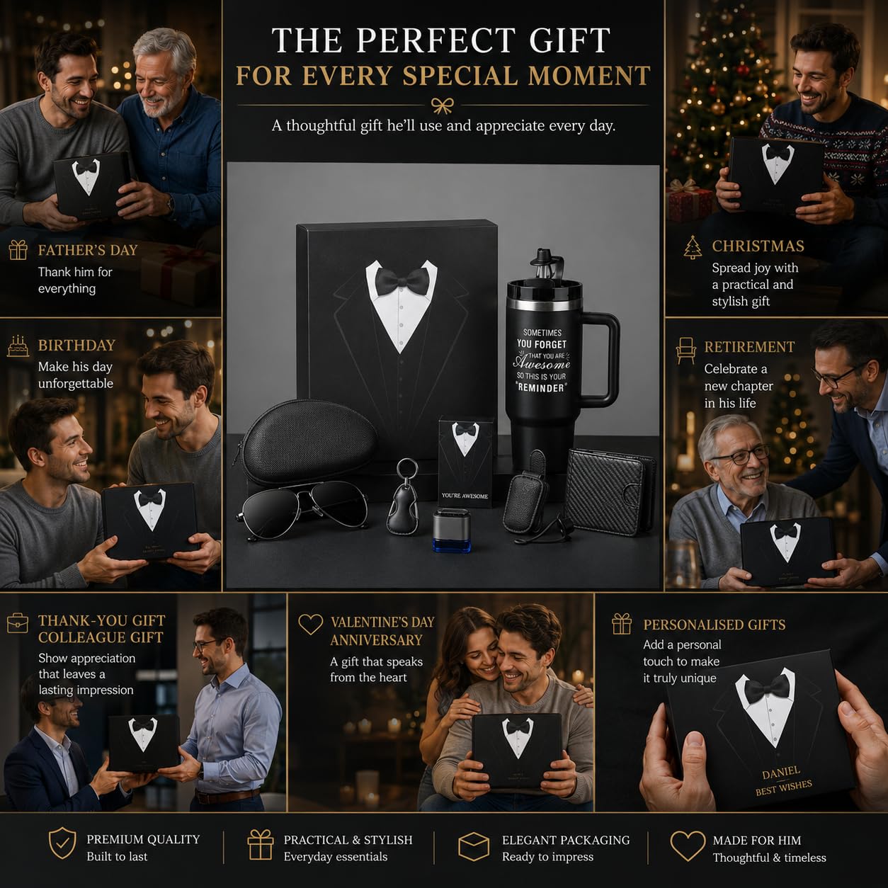 Coffret Cadeau Homme 6 en 1 avec Mug Isotherme, Portefeuille, Lunettes de Soleil et Porte-Clés – Idée Cadeau Homme pour Papa, Mari, Copain, Anniversaire, Noël, Fête des Pères