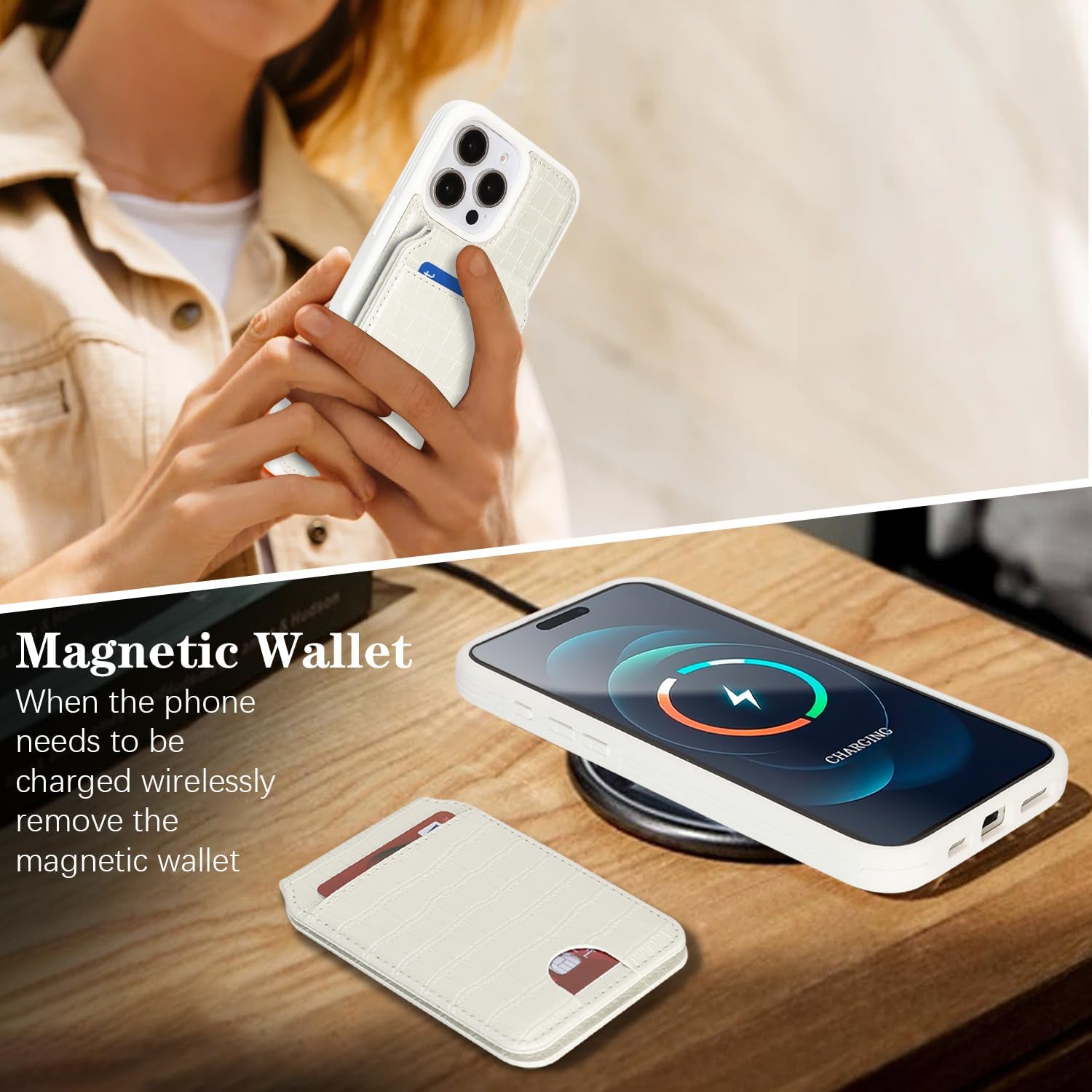 Ｈａｖａｙａ Luxury Wallet Case for iPhone 16 Pro - Executive Faux Alligator Leather Cover, Detachable 2-in-1 Magnetic Design with Card Holder & Kickstand, Compatible with MagSafe - White