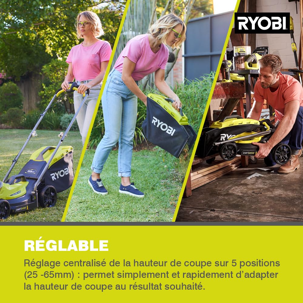 RYOBI Tondeuse sans Fil 18V One+ OLM1833B 33cm Bac 35L 5 Réglages Hauteur