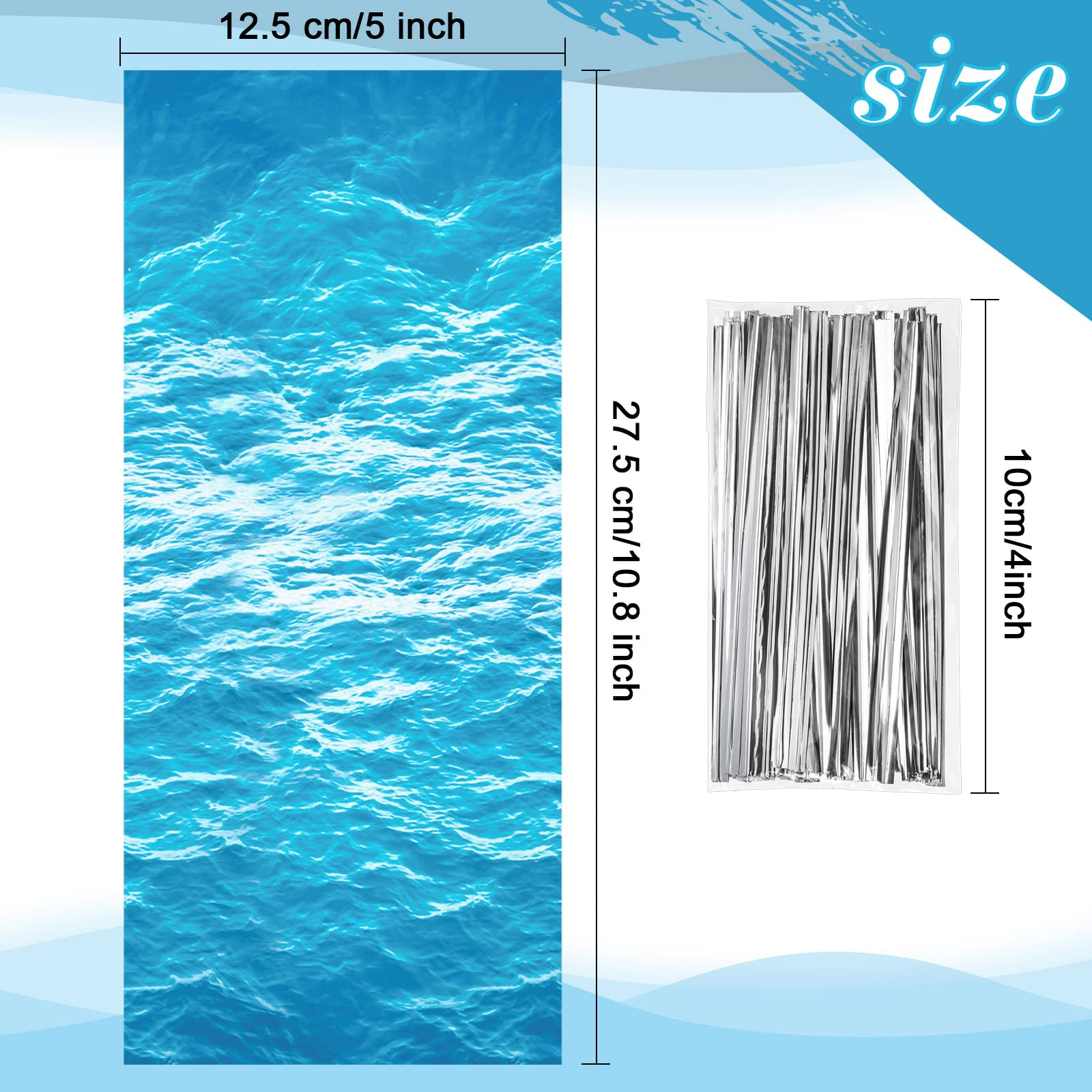 Pajean 100 Pieces Ocean Waves Cellophane Treat Bags Under the Sea Blue Ocean Party Goodie Candy Bag with 100 Twist Ties for Beach Pool Birthday Summer Mermaid Party Decoration Baby Shower Supplies