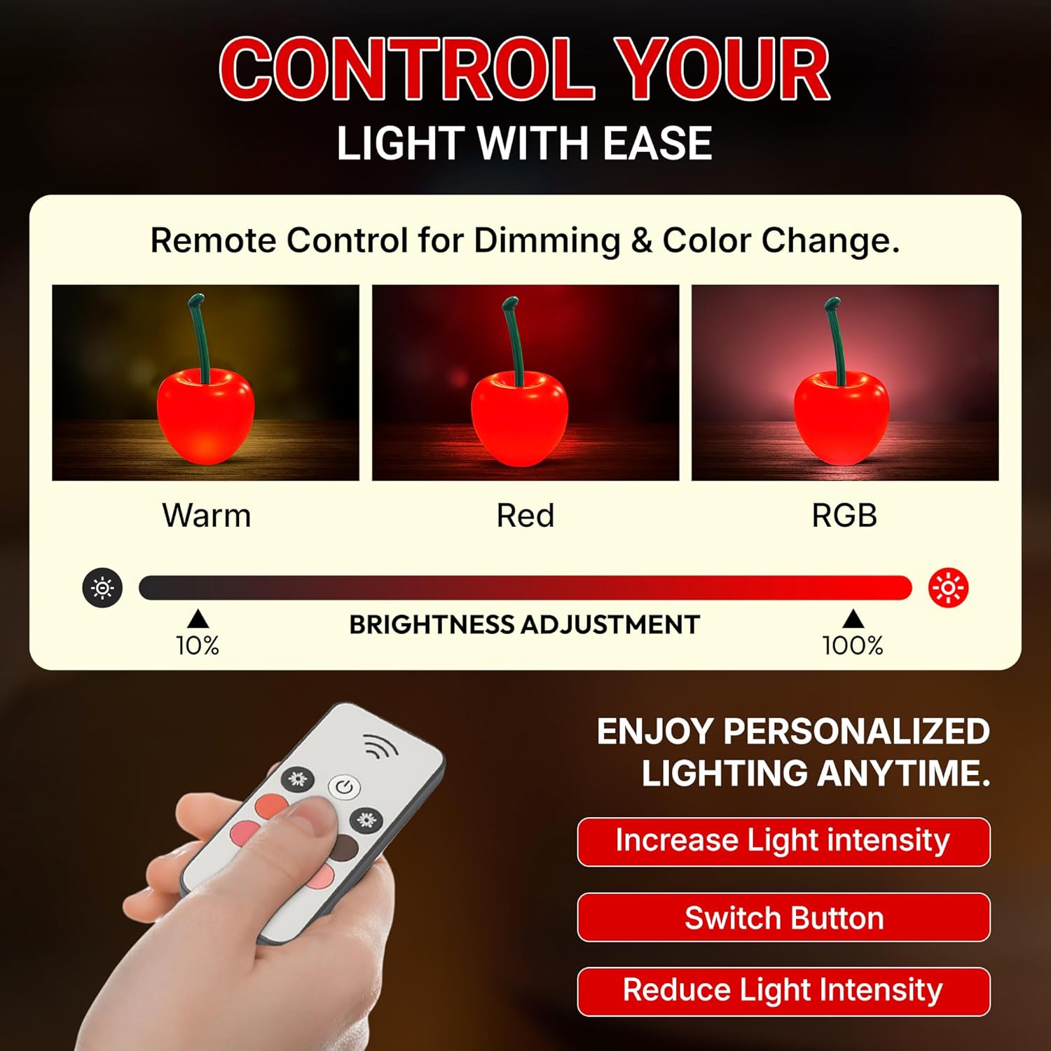 Cherry Lamp LED Light – Unique Red Table Lamp for Bedroom, Nightstand or Living Room, Funky and Modern Desk Lamp, Small Decorative Cherry Bedroom Decor
