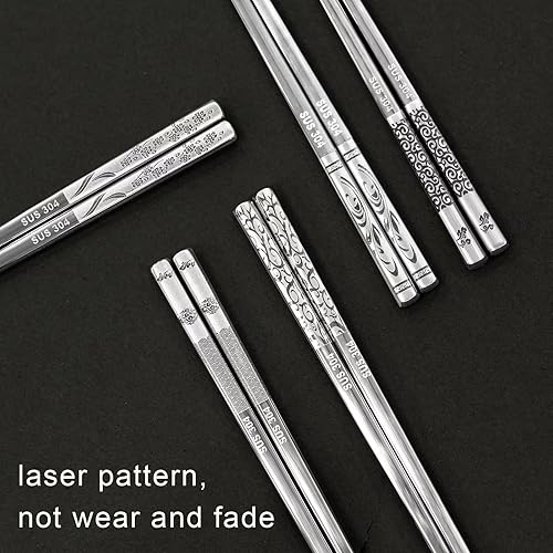 Miniatura 2 de JOMUCO - 5 pares de palillos de acero inoxidable reutilizables de metal aptos para lavavajillas, patrón grabado con láser, palillos chinos coreanos,