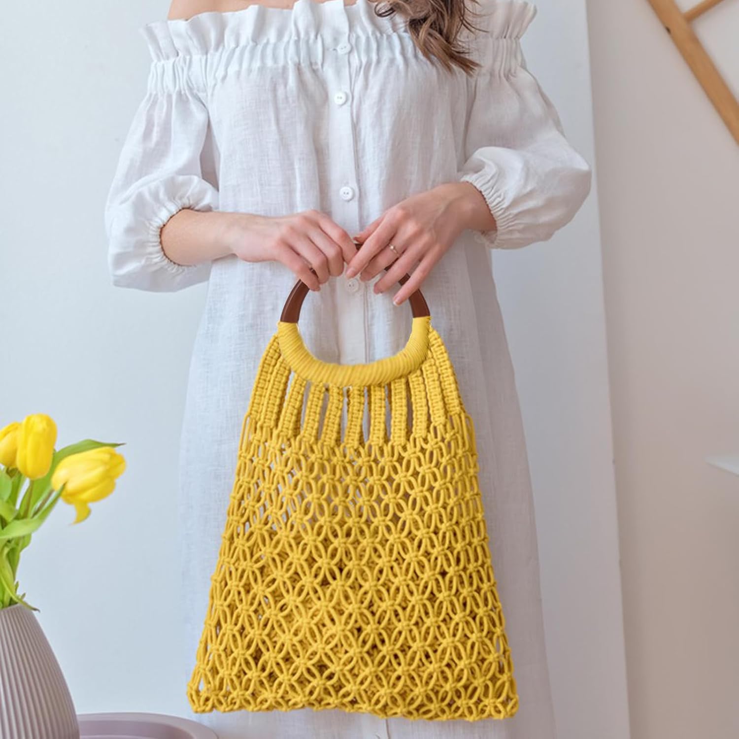 Hilltian 4+2 PCS D Shape Purse Handles with Crochet Hooks, Wooden Bag Handles for Handmade Crochet Bag, Purse Making Supplies, 2 Colors - Image 5