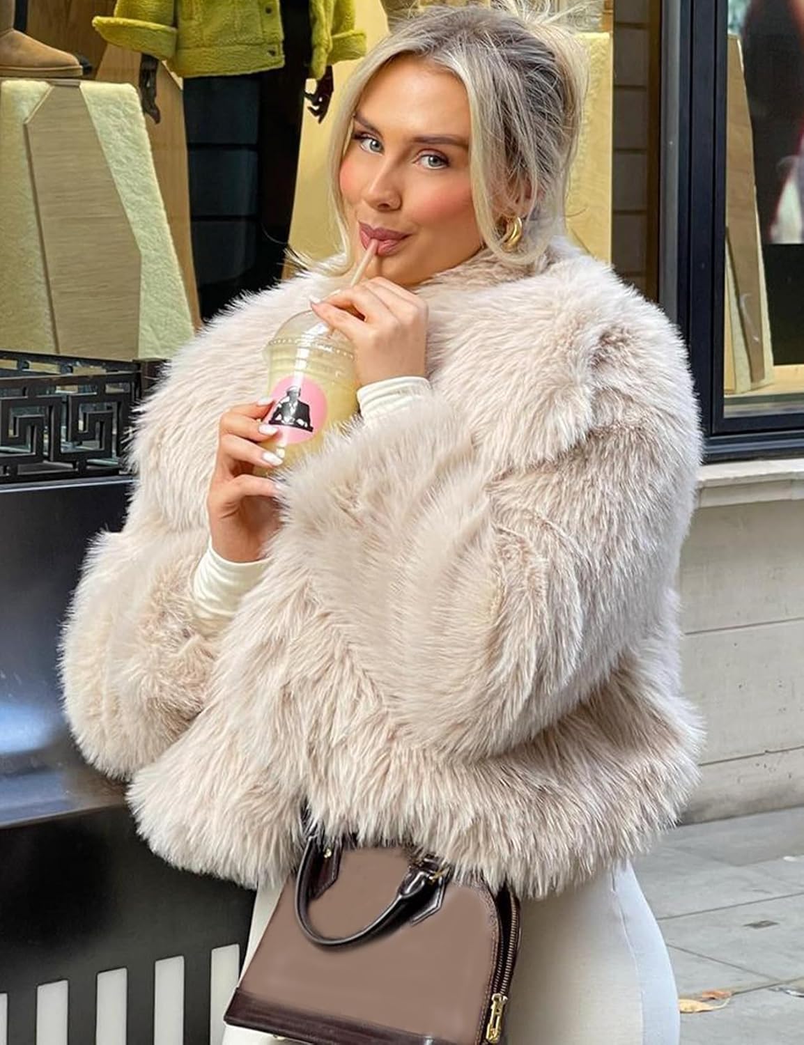 Flygo Women's Faux Fur Coat Fluffy Faux Fur Jacket Long Sleeve Lapel Furry Winter Jackets Shaggy Parka Short Coat - Image 3