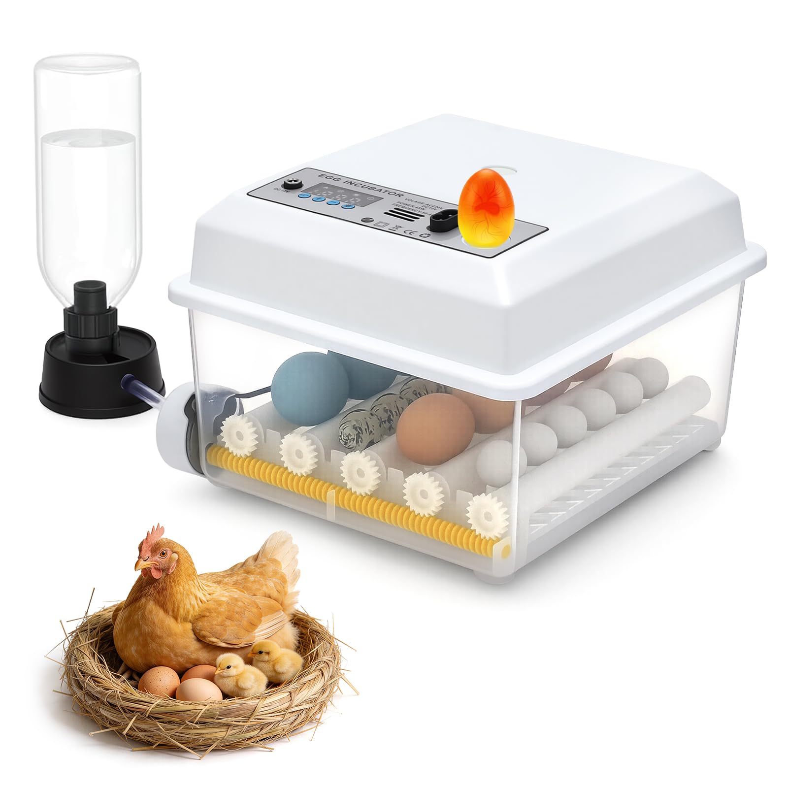 Incubadora totalmente automática para 16 huevos, incubadora con 5 modos de incubación automáticos, control de temperatura, giro automático de huevos cada 90 minutos, llenado automático de agua y luz