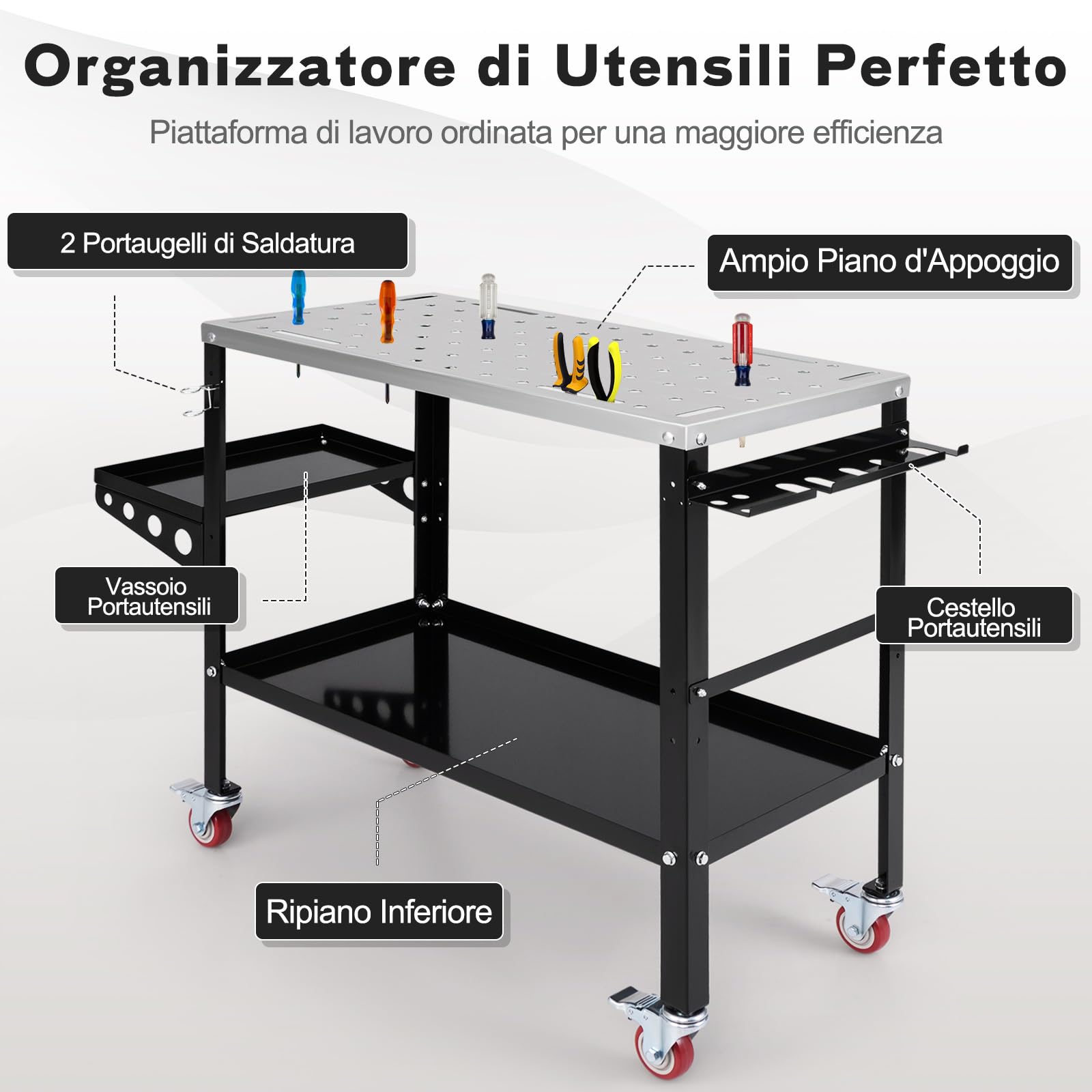 COSTWAY Tavolo da Lavoro, Banco da Lavoro con Supporto per Attrezzi e Vassoio, Fori per Fissaggio, 8 Slot per Attrezzi e Portabocchette per Saldatura, con Ruote, Capacità di Carico 540 KG (Modello 1)