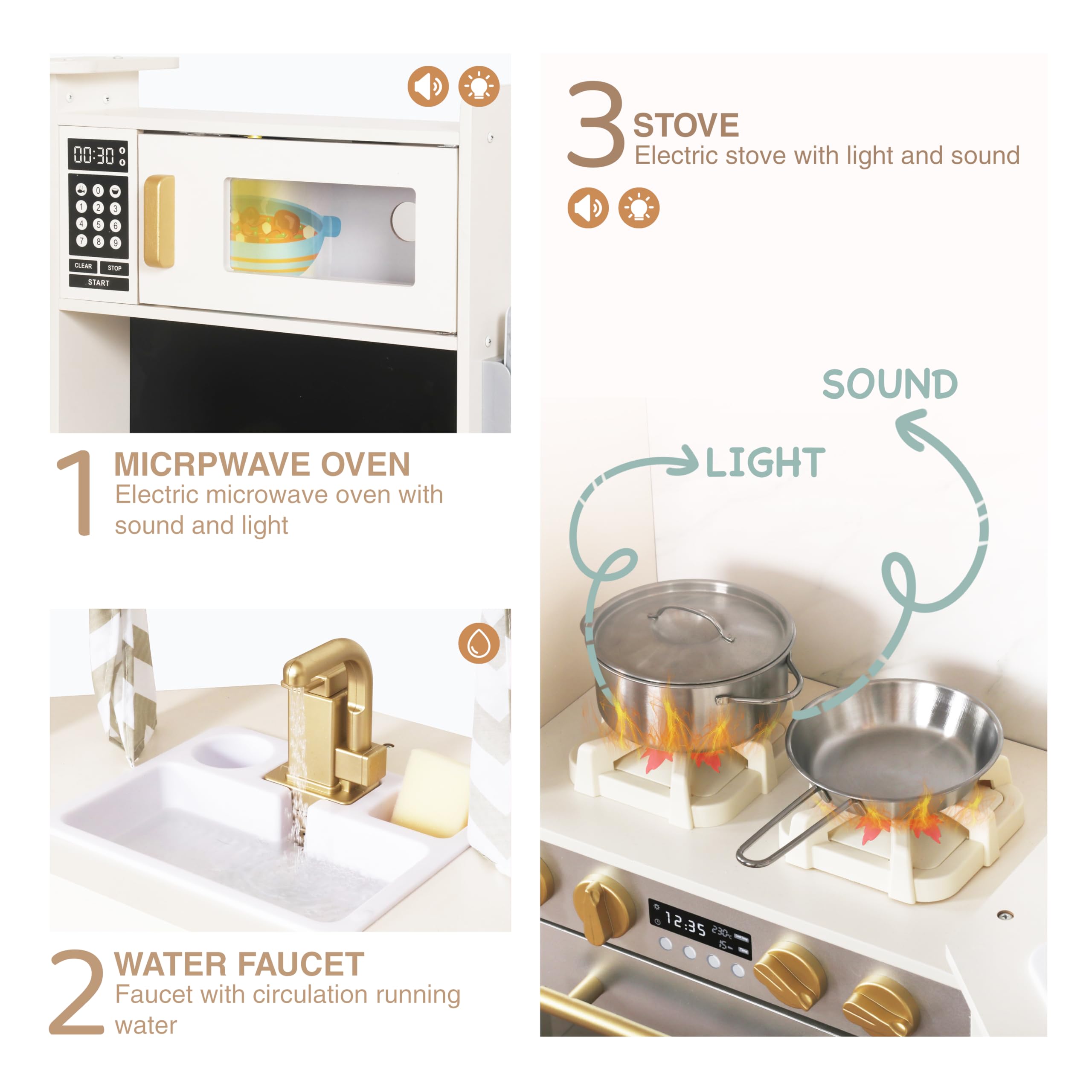 Large Wooden Corner Play Kitchen Sets with Ice Maker,Water Dispenser,Bread Maker,Washing Machine,Electronic Display,Toy Sink with Running Water,Stove with Light&Sounds, Birthday Gift for 3+Boys Girl