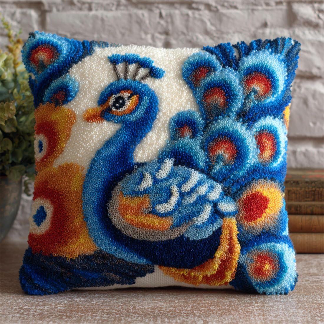 Kitquiver Animal DIY Latch Hook Kit Fantasy Peacock DIY Tapestry Throw Pillow Cover Needlepoint Cushion Kits for Home Décor Needlework Kit for Beginners 17x17In