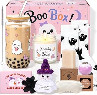 Boo Basket Stuffers for Women, 10-Piece Halloween Gift Basket | With 16 oz Ghost Glass Cup, Crochet Ghost, Lavender Spa Set, Socks & Eye Mask, Spooky Gifts for Teen Girls, Girlfriend, Best