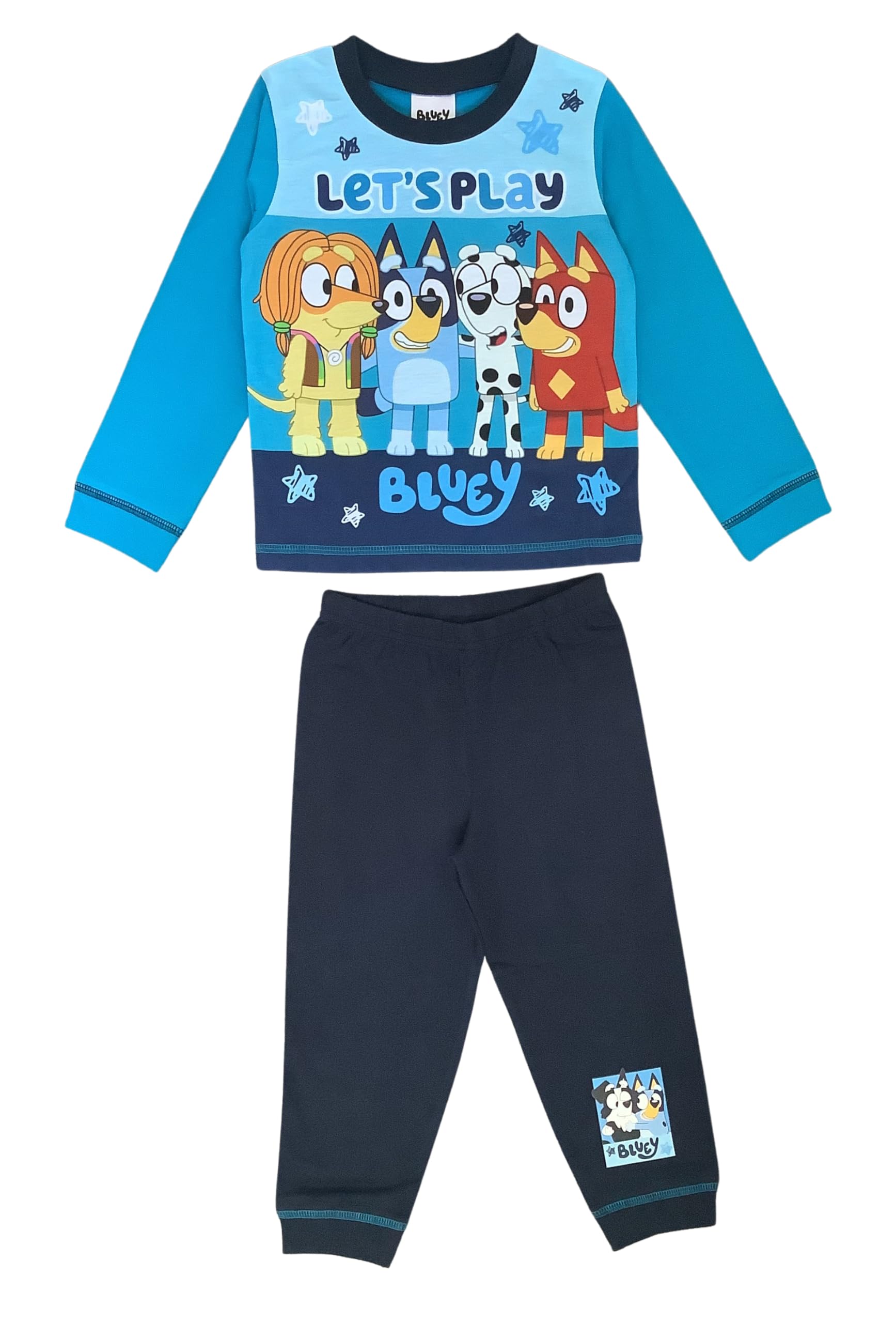 Bluey Boys or Girls Pyjamas, 2 Piece Set featuring, Bingo, Chloe and Rusty Let's Play, Blue Age 2-3 Years