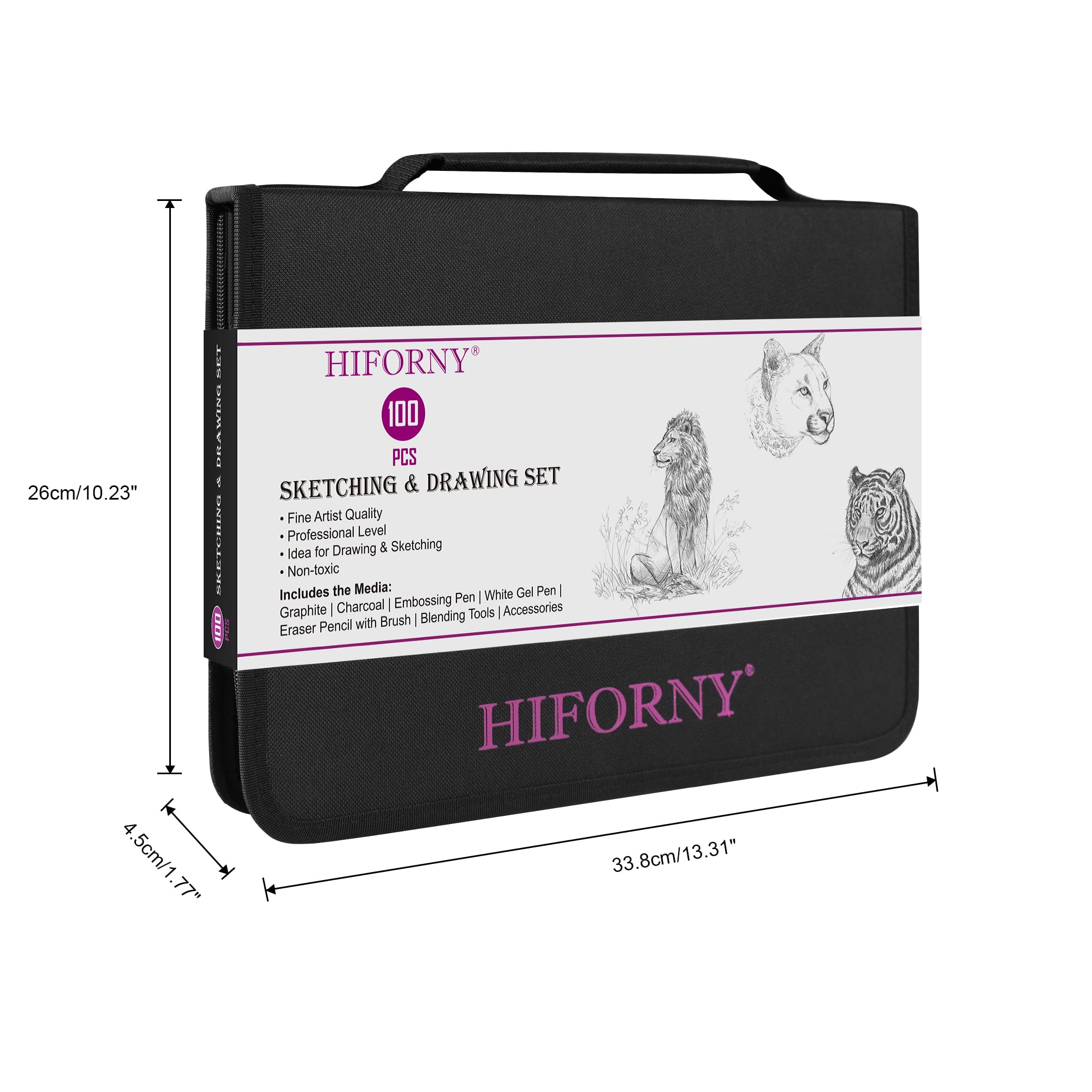 HIFORNY Ensemble de 100 pièces pour dessin et croquis, kit de fournitures artistiques avec crayons, fusain, outils de mélange et accessoires, étui de transport portable avec fermeture éclair pour