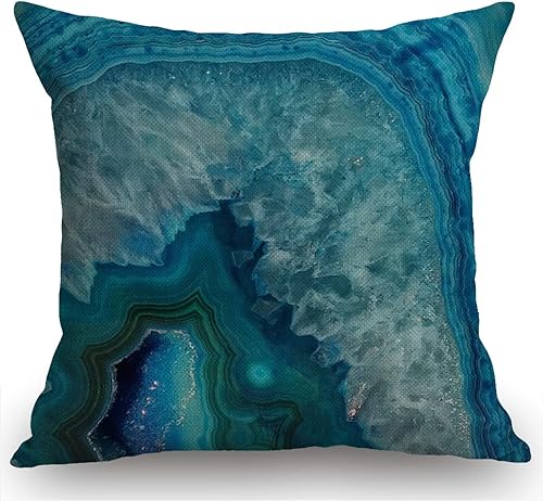 Miniatura 1 de Swono Bright Aqua Blue Turquoise Geoda - Funda de cojín de arpillera con piedra mineral y diseño cuadrado decorativo de 18 x 18 pulgadas