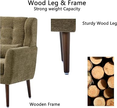 Accent Chairs for Living Room, Chenille Upholstered mid century Mordern Armchair with Pillow, Comfy Sofa arm Chair for Reading, Bedroom (1, Olive Green)