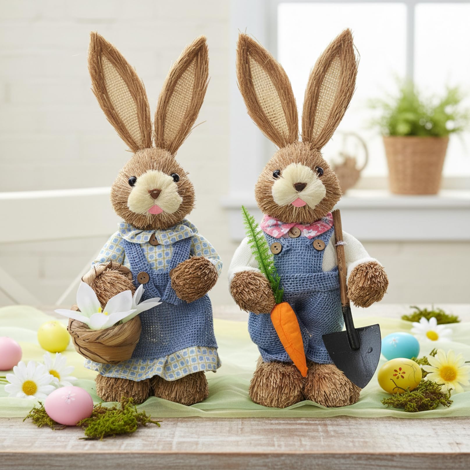 Jorzer Statuette di coniglietti pasquali, decorazioni per coniglietti in paglia blu per Pasqua, grandi decorazioni primaverili per la tavola di casa da 35 cm
