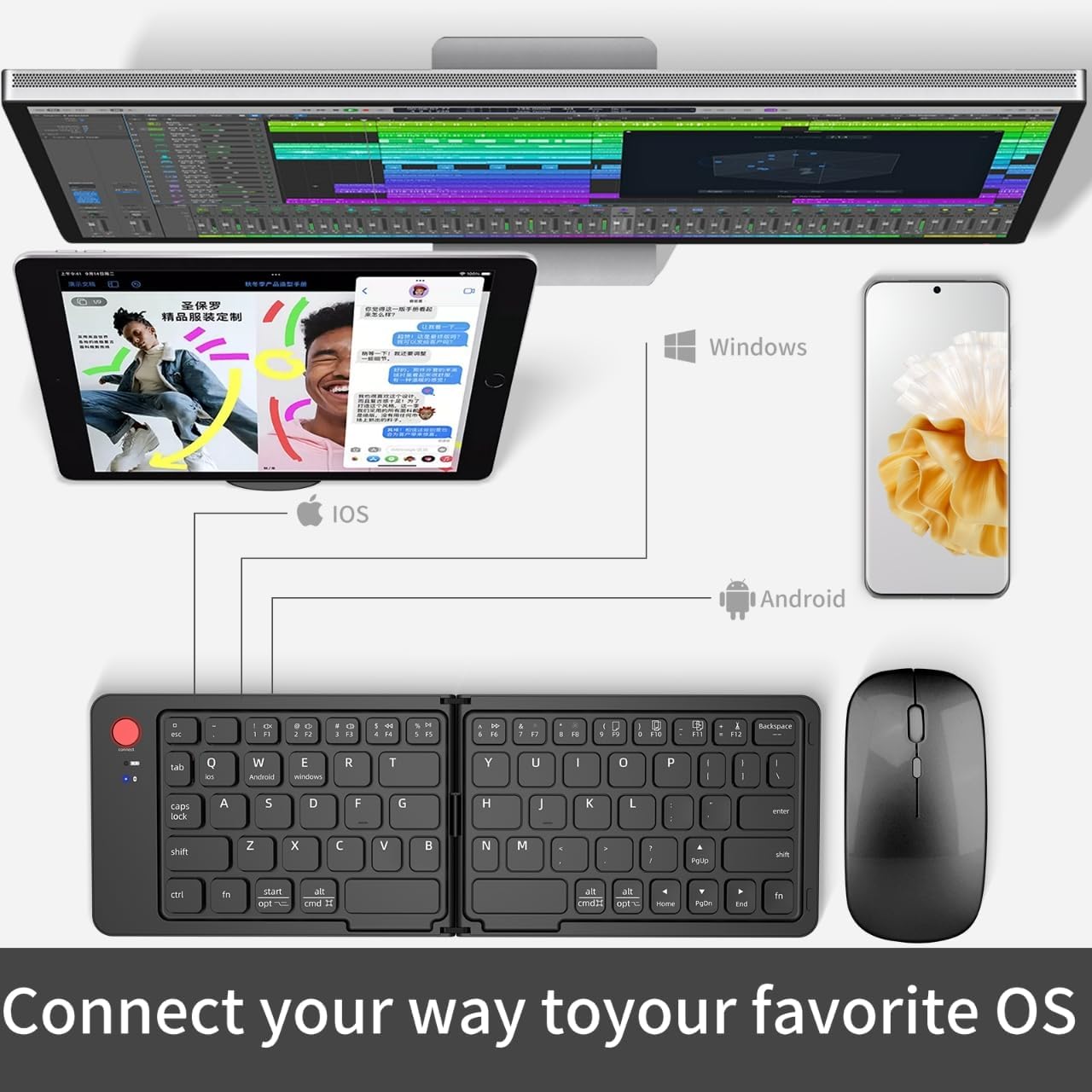 Wireless Bluetooth Keyboard & Mouse Combo, Foldable Keyboard and Mouse for iPad, iPhone, Tablet,USB-C Rechargeable Portable Combo for iOS Android Windows Mac OS (Black)