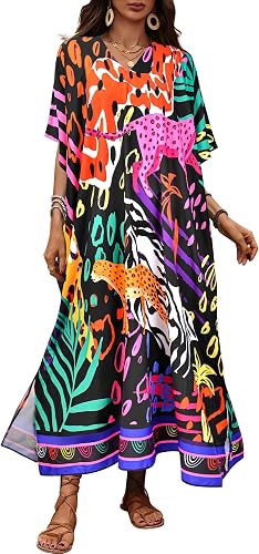 Kaftan Dresses for Women Plus Size Bathing Suit Caftans Swimsuit Cover up Maxi Beach Dress Loungewear, Leopard, One Size