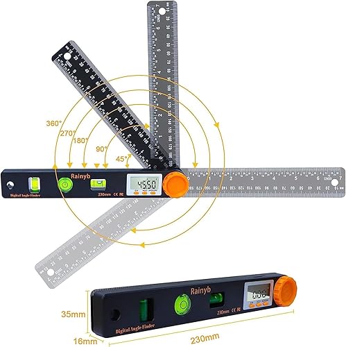 Miniatura 4 de Rainyb Herramienta de búsqueda de ángulo digital de 7 pulgadas, transportador digital LED de 0 a 360 grados con niveles de burbuja verticales