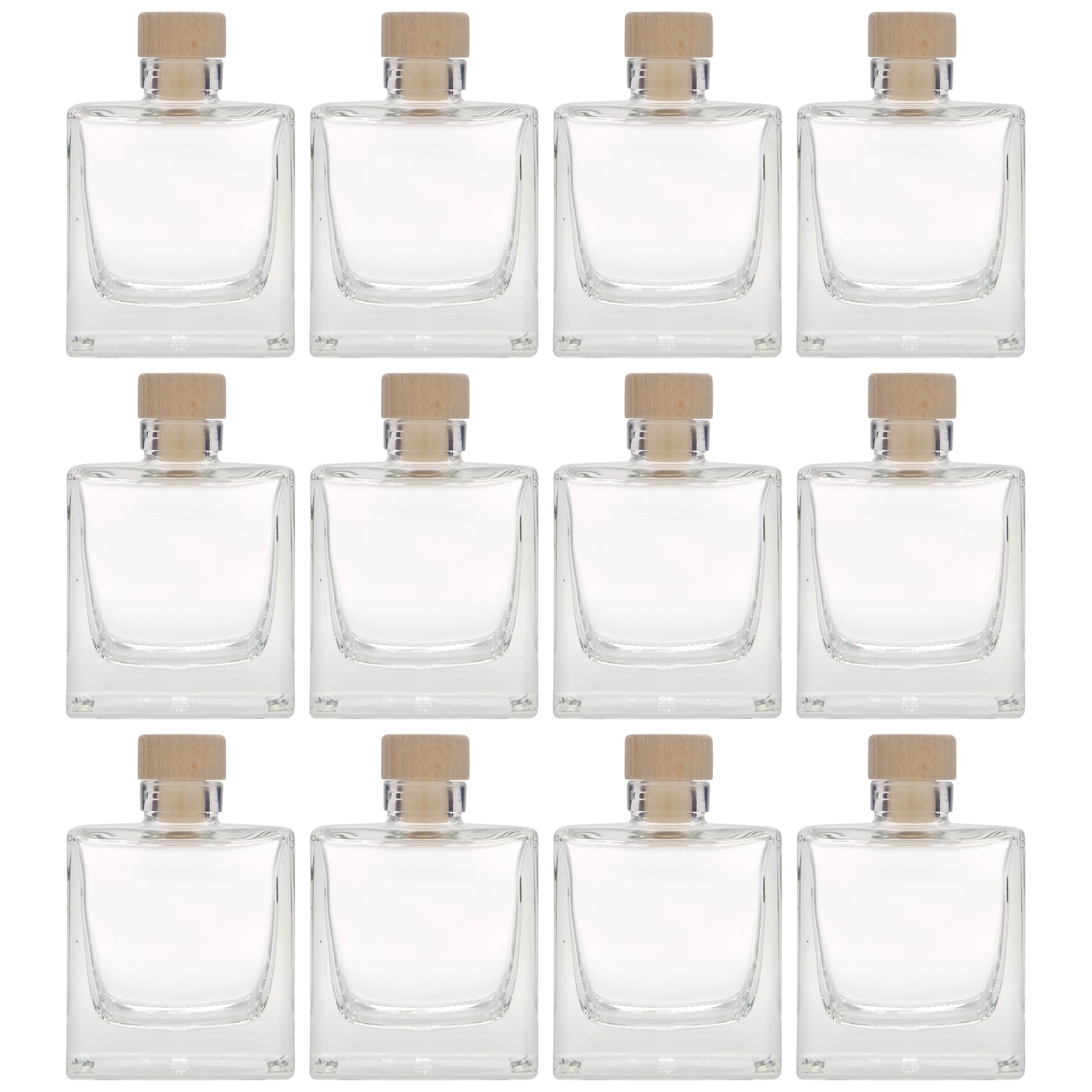 Set di 12 bottiglie di vetro da 200 ml, quadrate, in vetro trasparente, con manico in sughero