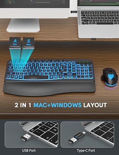 Miniatura 5 de SABLUTE Combo ergonómico de teclado y mouse inalámbricos, teclado Wave con reposamuñecas de cuero suave, teclas resistentes, juego recargable con