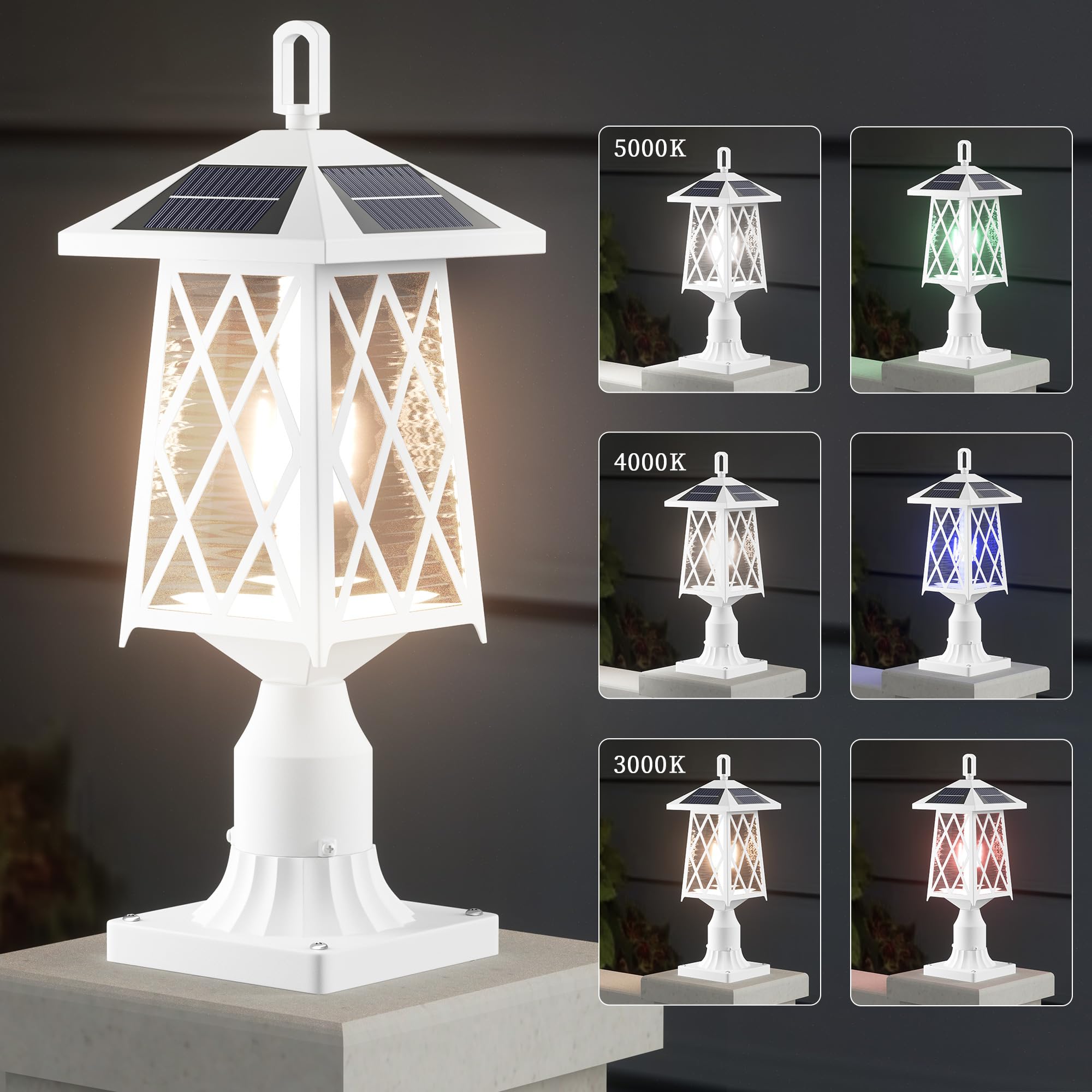 White Solar Lamp Post Light with 3" Pier Mount Base, 3500LM 3000K-5000K Colors Dimmable and RGB 9 Colors Solar Lights, Dusk to Dawn Solar Post Light for Pathway Garden Pole Pillar Decorative