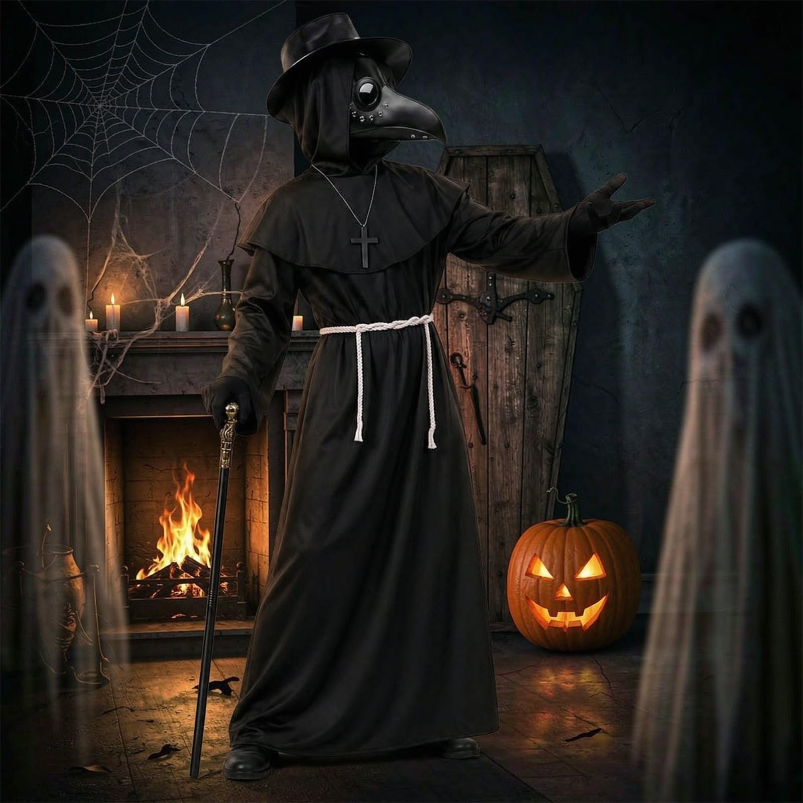 Pestdoktor Kostüm Herren, Plague Doctor Costume Erwachsene mit Maske, Zepter, Hut, Handschuhe, Halskette und Gürtel, Halloween Kostüm Herren, Pestarzt Kostüm für Halloween Karneval Cosplay