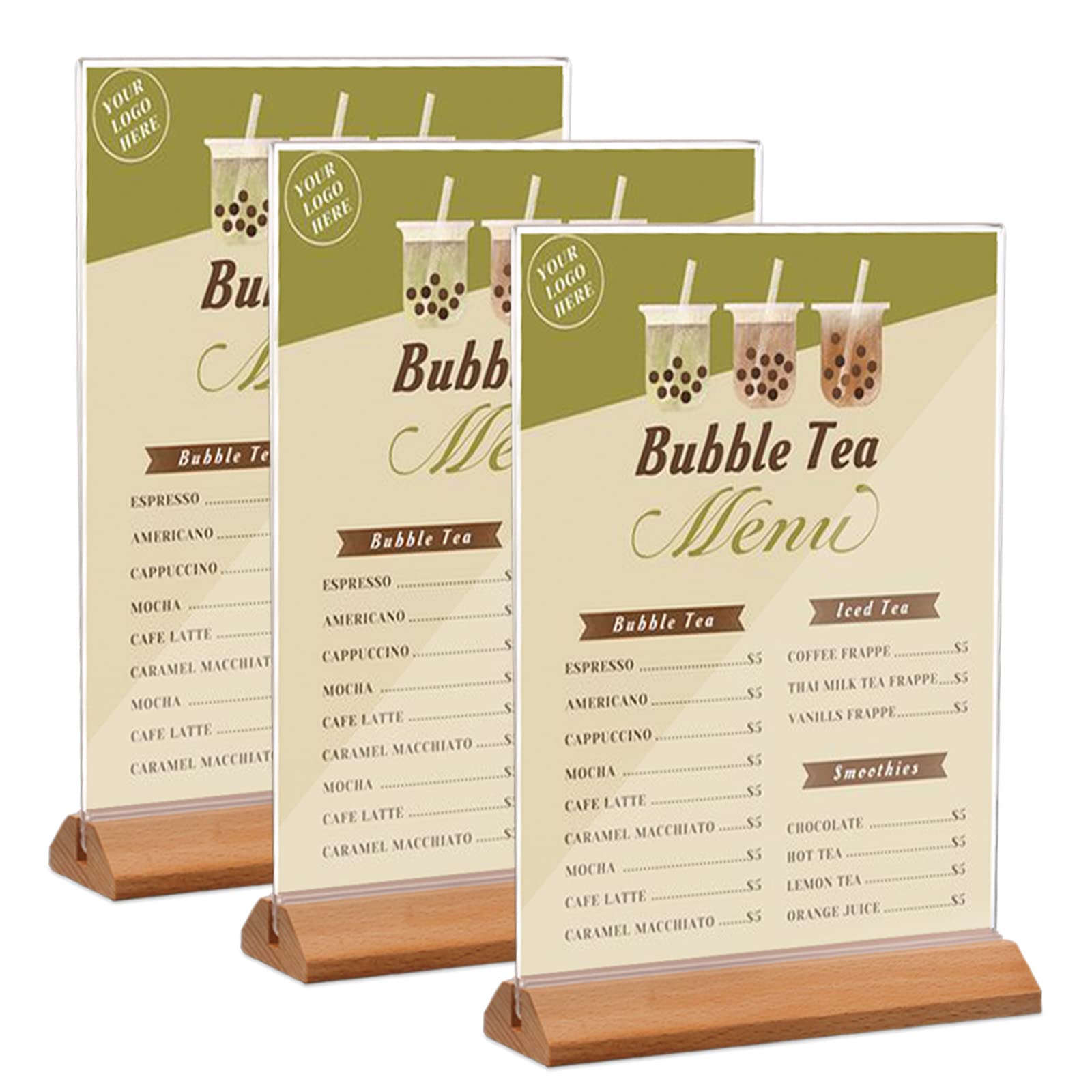 Acrylic Sign Holder Clear Table Signs Stand, Clear Acrylic Frames Wood Base, Table Menu Display Stand Flyer Display Holders for Desk 3 Pack