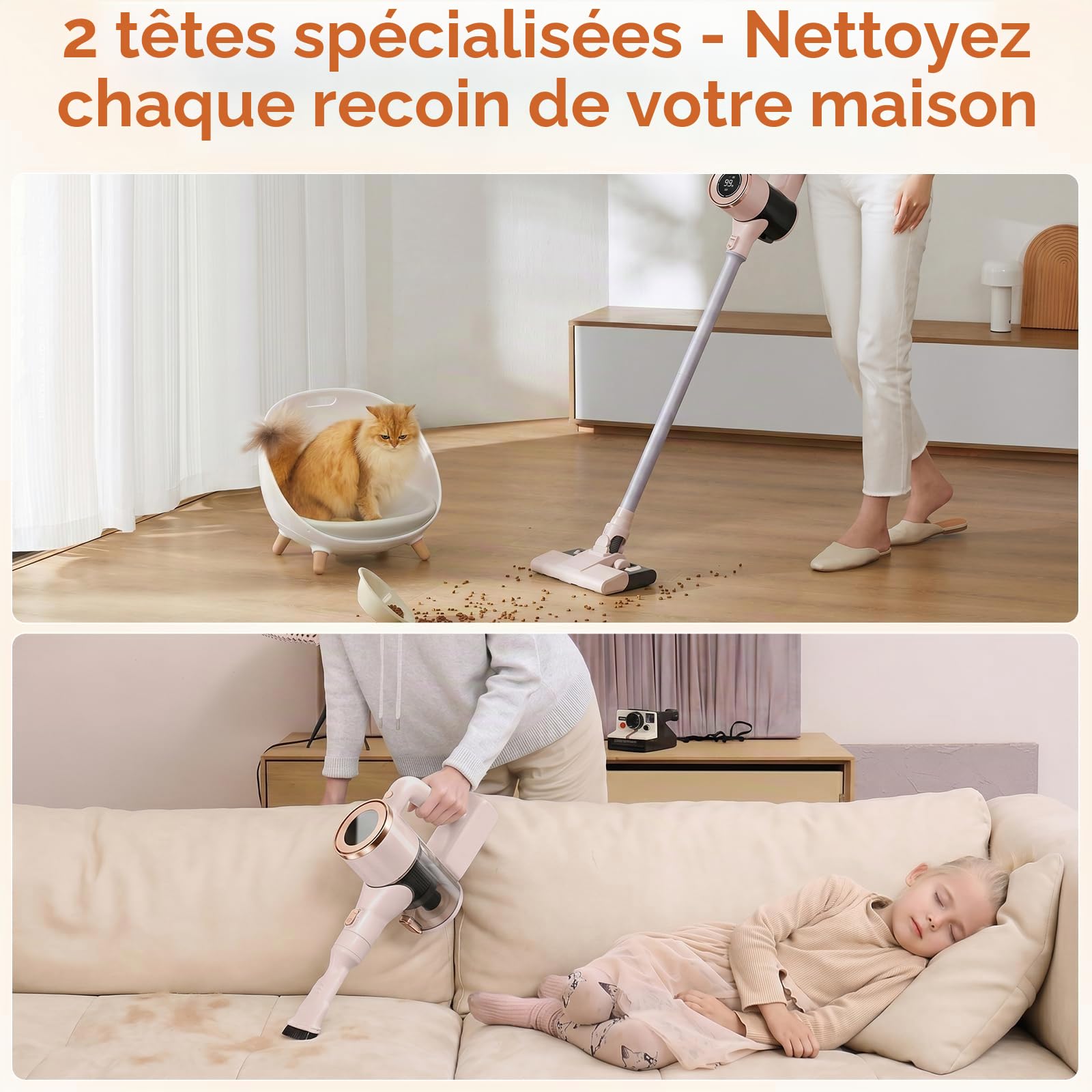 Aspirateur Balai sans Fil avec Fonction Serpillère, 2-en-1 Aspirateur Balai et Serpillère, Puissant 8000Pa, Autonomie 30 Min, Léger et Portatif pour Sols Durs, Tapis et Poils d'animaux