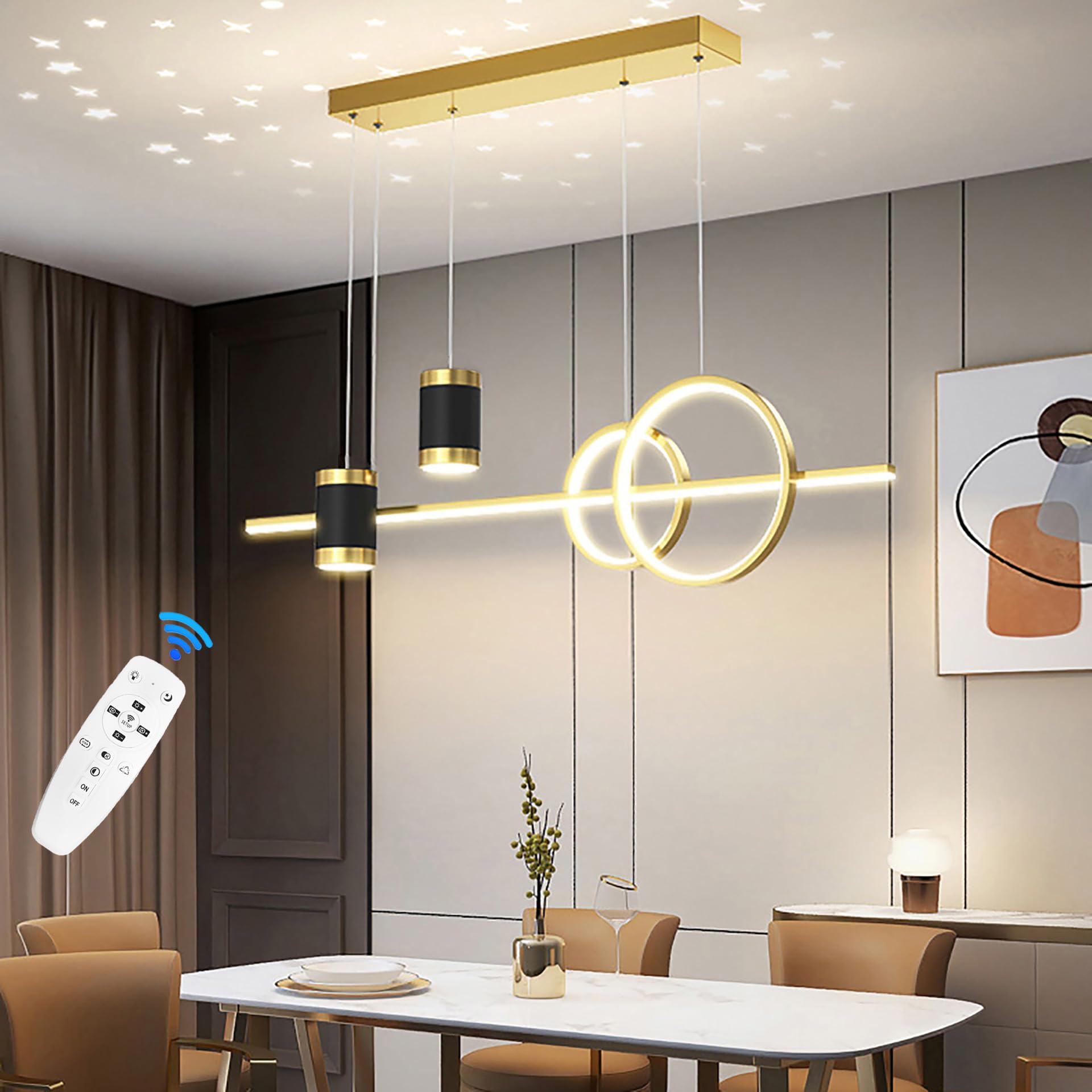 TJSC Lámpara Colgante de Mesa de Comedor Moderna LED Regulable con Control Remoto Lámpara Colgante de Altura Ajustable Lámpara Colgante Lineal Dorado para Comedor Cocina Sala de Estar 100cm
