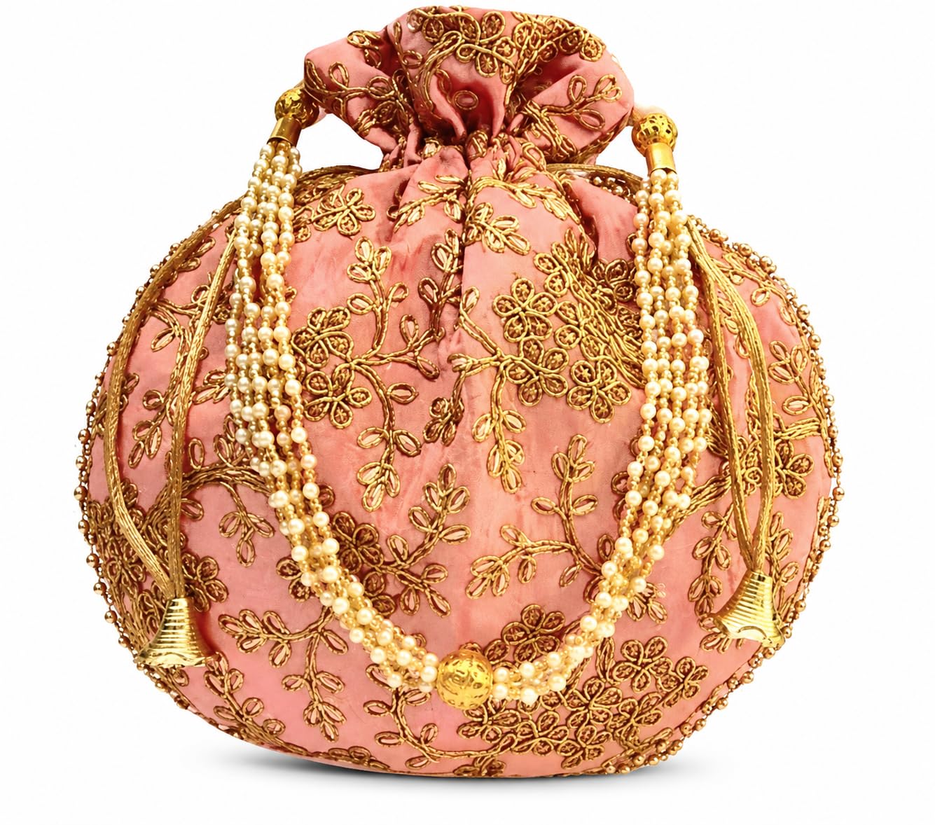 Pink Embroidered Potli Bags for Women | Gold Floral Work with Pearl Beaded Handle | Ethnic Drawstring Clutch for Wedding, Party & Festive Occasions-image-19