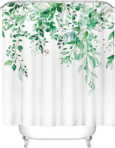 Vista 583 de Tititex - Juego de cortinas de ducha de eucalipto verde oliva, hojas de acuarela en la parte superior con decoración floral de baño, 60 x 72 Hojas