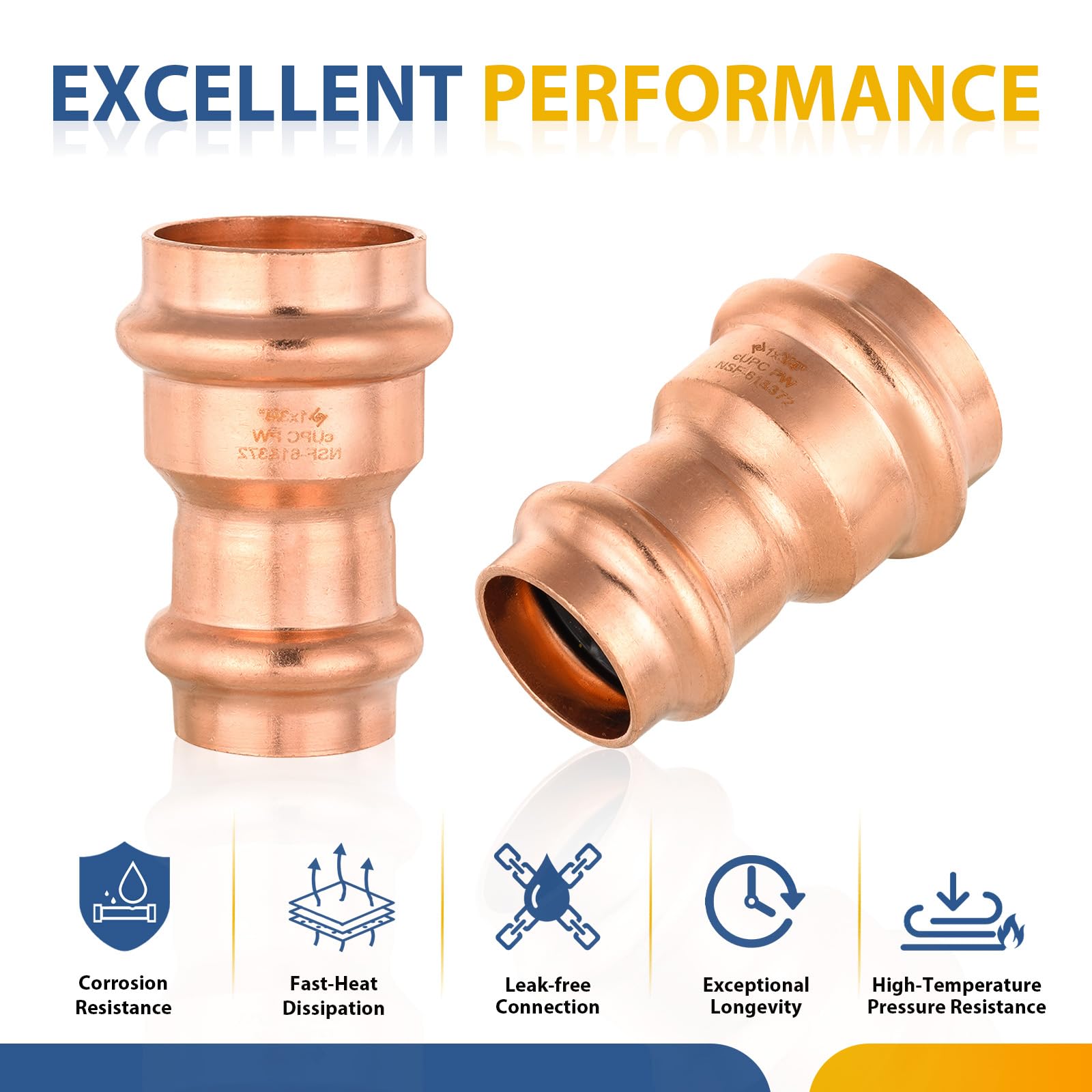 Paquete de 50 racores de Cobre a presión, Acoplamiento Reductor de 1 Pulgada x 3/4 de Pulgada con Tope, diseño LBP, acoplador de Cobre a presión (PRESS003-50Pack)