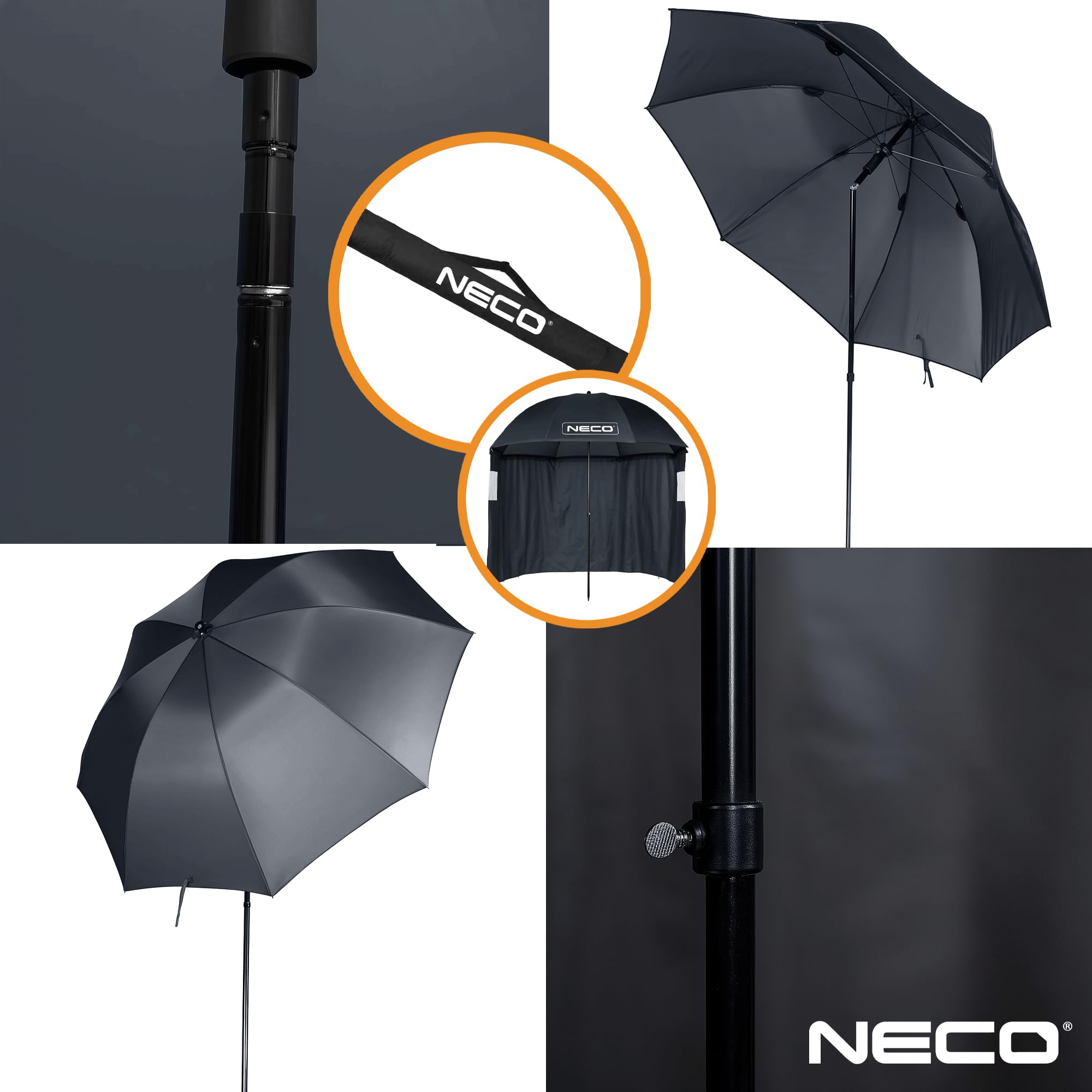 NECO Parasol Wędkarski z Bokami 220 cm 3/4 – Wodoszczelny, Dwuosobowy Namiot Parasolowy, Duży Parasol do Wędkowania, Namiot Karpiowy na Ryby i Kemping z Oknami