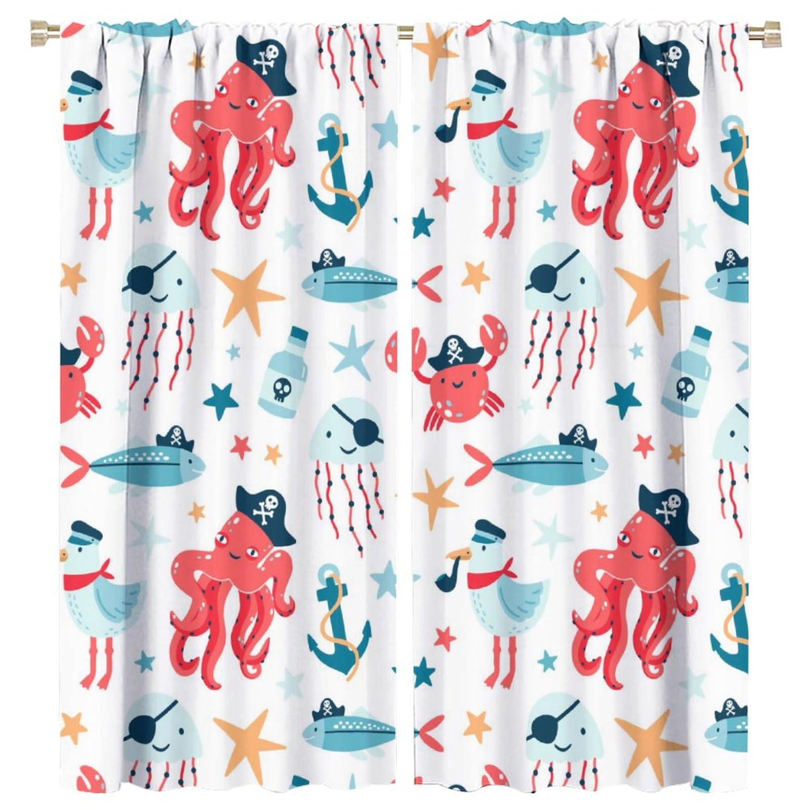 Cartoon Marine Animal Curtains for Kids,Pirate Design Cute Ocean Animal Sea Wildlife Print Window Treatments for Boys Girls Bedroom Living Room Nursery Study 2 Panels Total Size 63 x 72 Inch